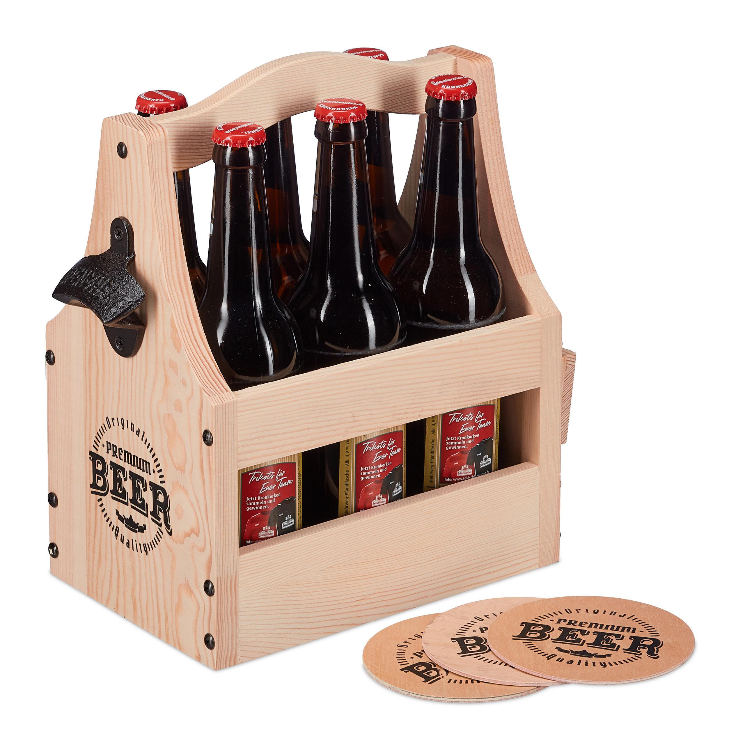 BIERTRÄGER - Hellbraun, Holz/Metall (28.5/30/16cm) - Relaxdays