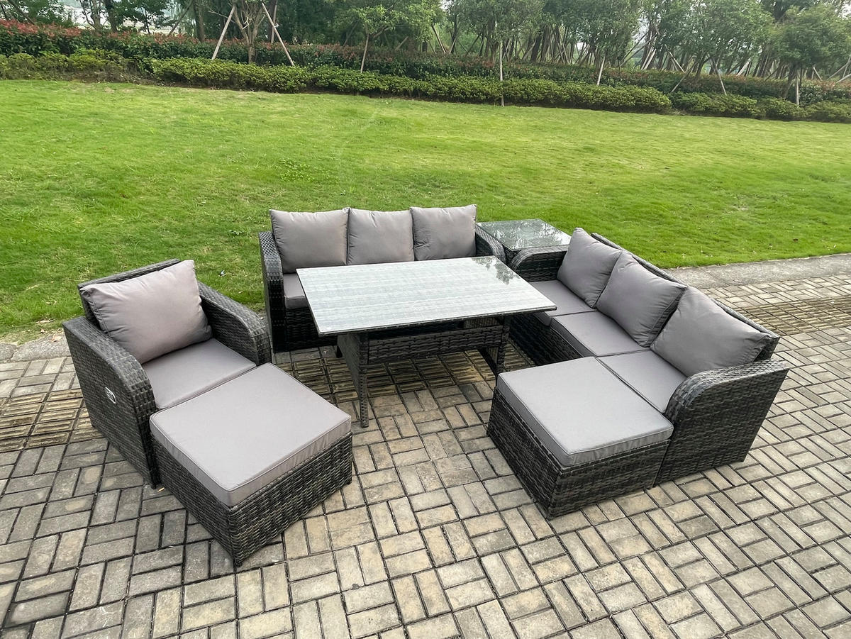 GARTENTISCHGRUPPE mit Beistelltisch,2 Hocker Polyrattan Dunkelgrau 9-Sitzer - Dunkelgrau/Grau, Glas/Kunststoff - Fimous