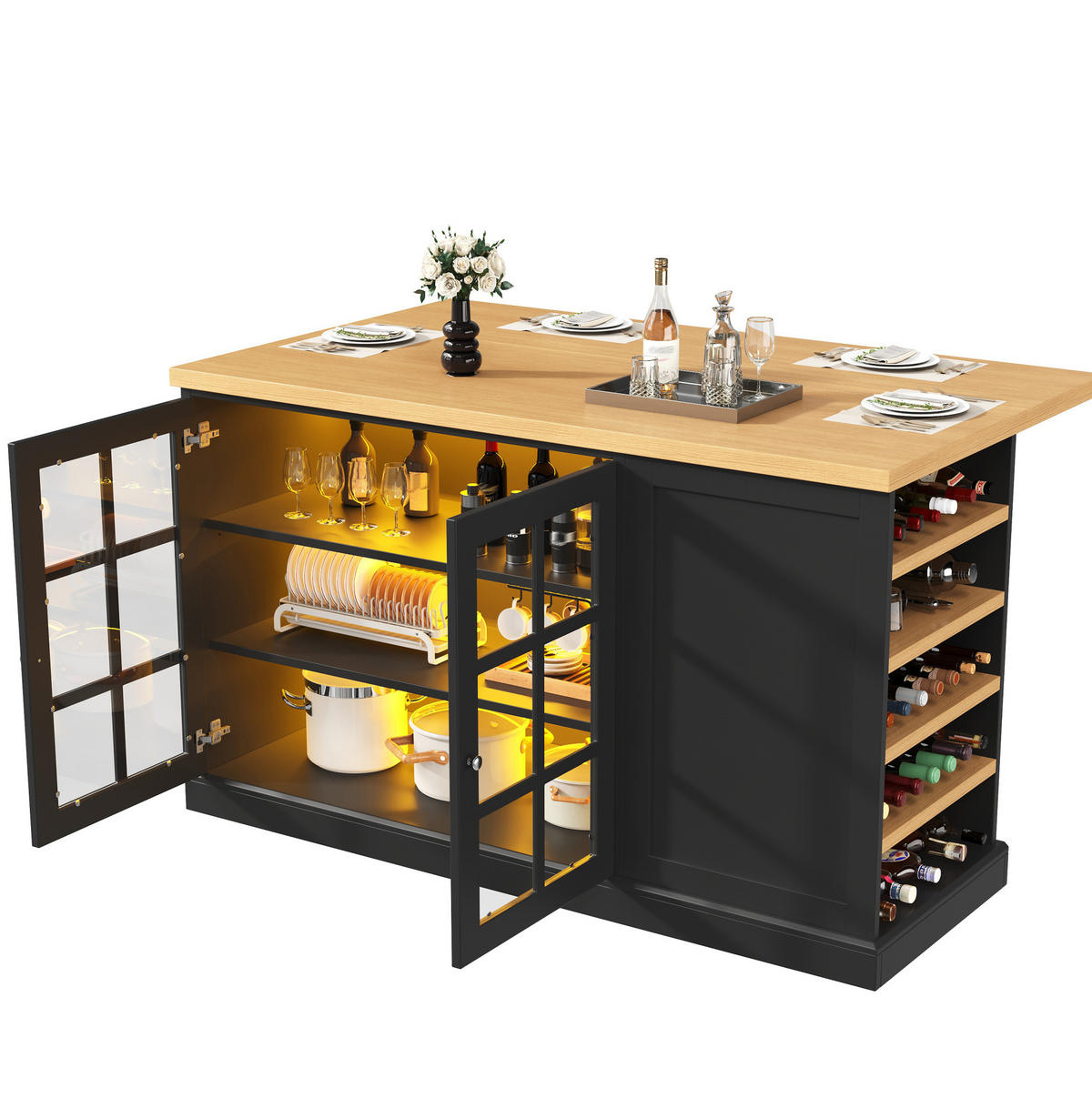 KÜCHENINSEL klappbar mit LED 120 x 40-70 x 90 cm Schwarz - Schwarz, Holz (70/90/120cm) - Beauniv