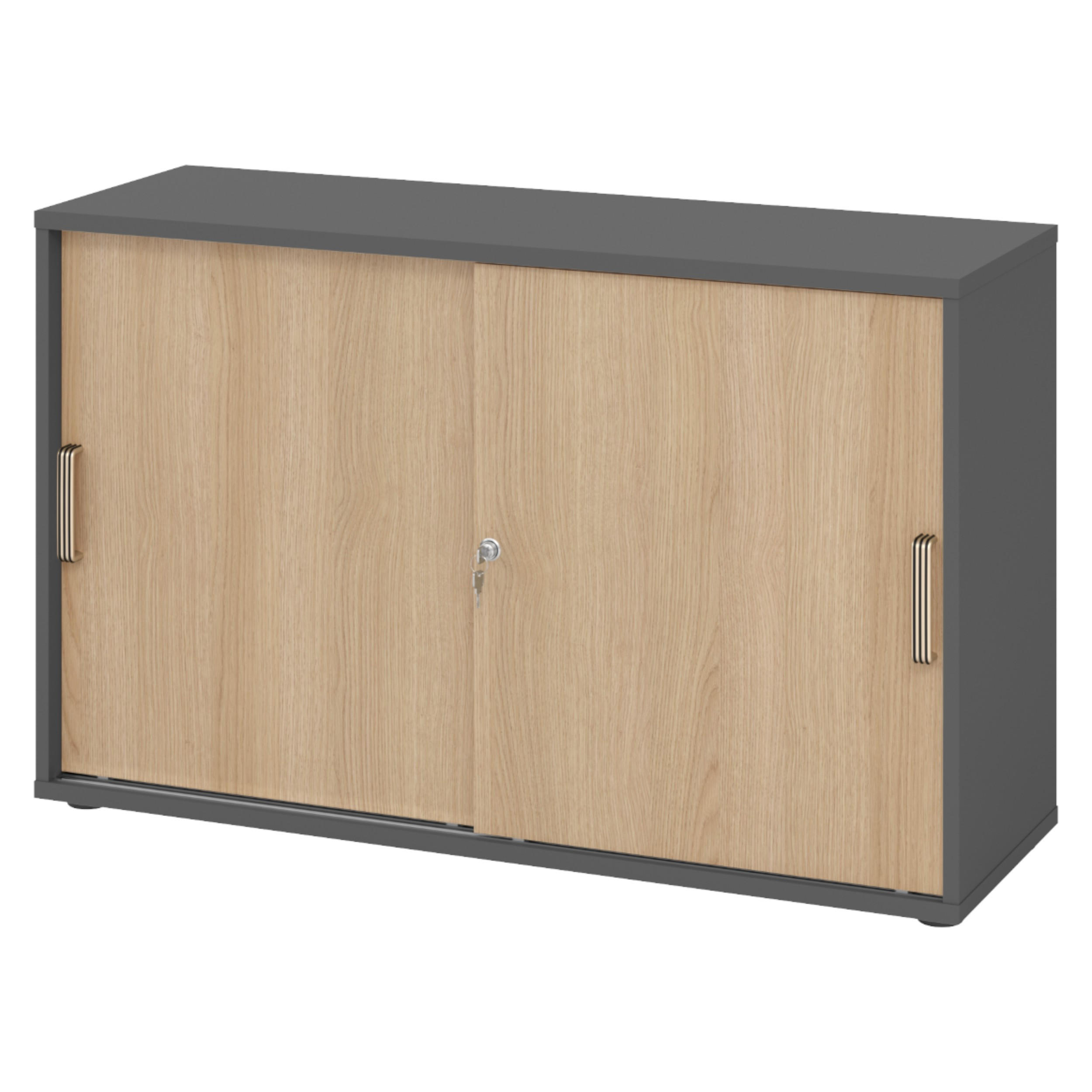 SCHIEBETÜRENSCHRANK - 2 Ordnerhöhen 40/120/74,8 cm in Graphitfarben/Eichefarben Streifengriff (Kunststoff) - Eichefarben/Graphitfarben, Holzwerkstoff (120/74.8/40cm) - bümö