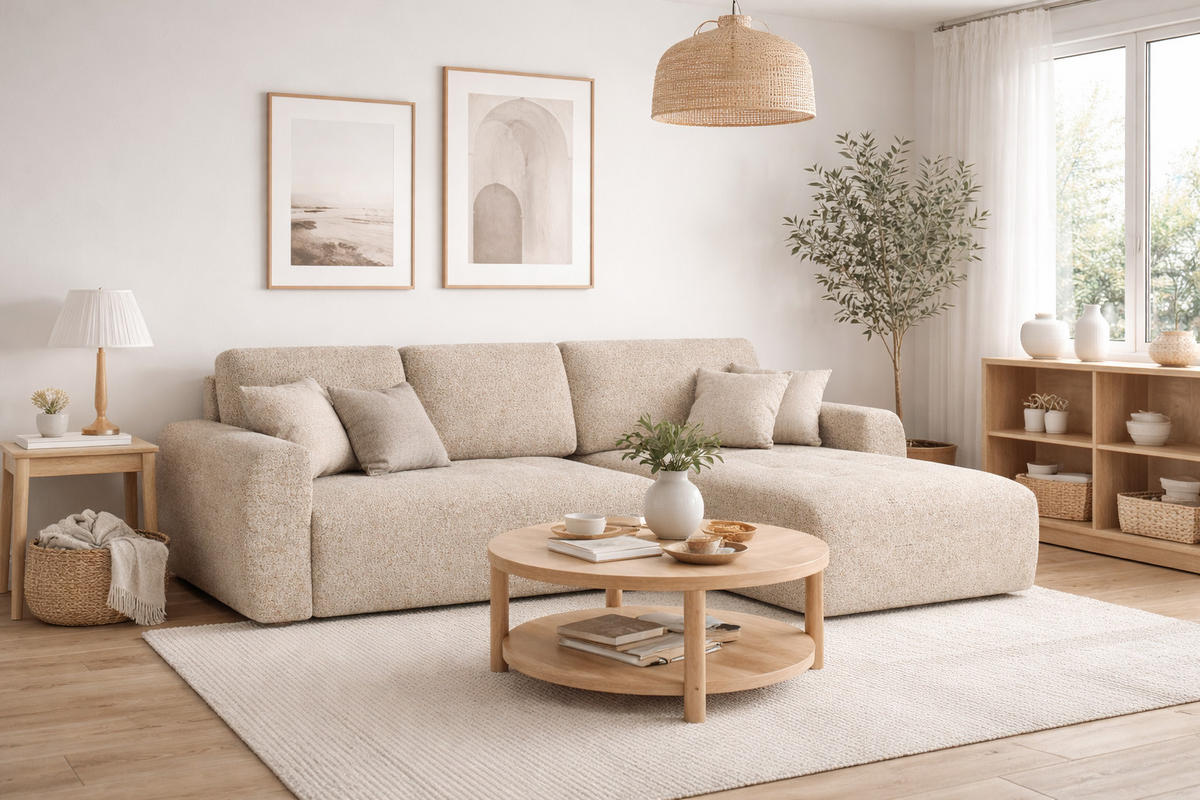 ECKSOFA Mit Schlaffunktion Und Bettkasten L-Form Ivo L, Chenille-Stoff Artico, Beige, Rechts - Sandfarben, Holz (250/142cm) - Kaiser Möbel