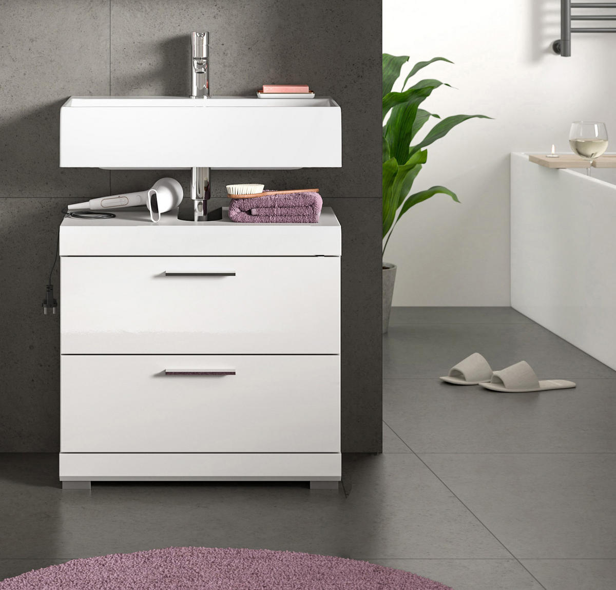 WASCHBECKENUNTERSCHRANK weiß Hochglanz 60 cm mit Schubkästen - Weiß Hochglanz/Silberfarben, Holzwerkstoff/Kunststoff (60/56/37cm) - Inn.Furn