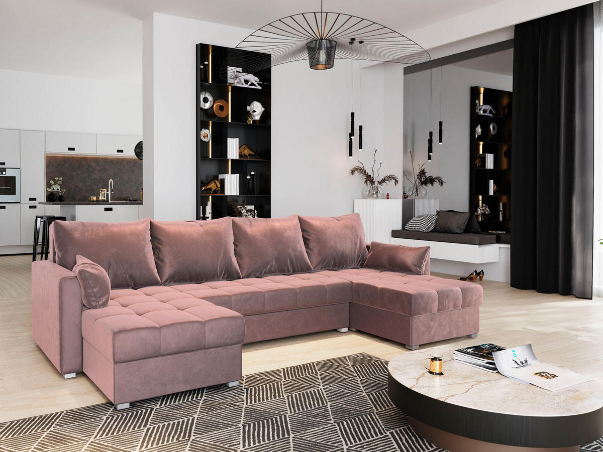 WOHNLANDSCHAFT NAKO Rosa Plüsch-Stoff mit Schlaffunktion - Rosa, Holz (285/85/140cm) - MASSENO