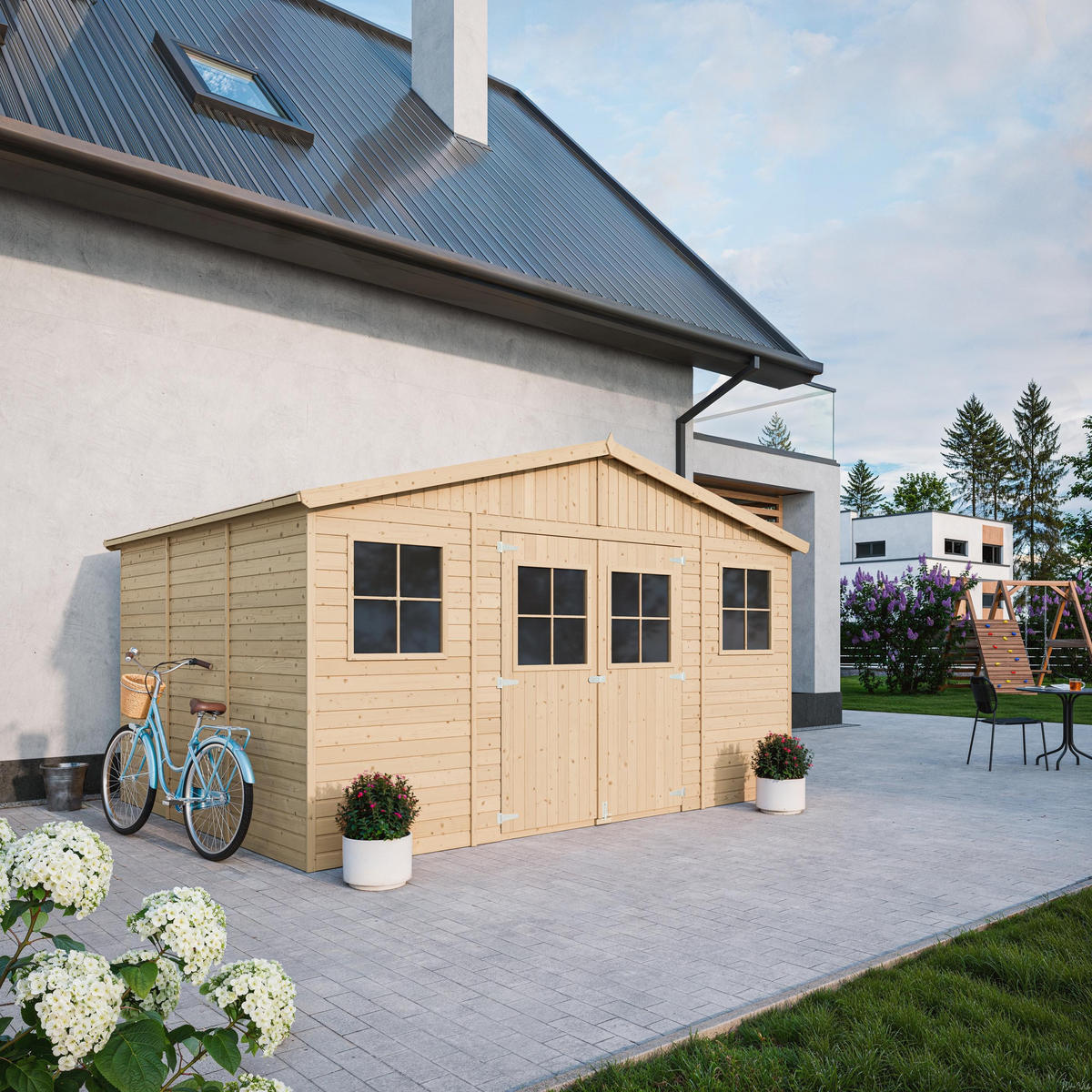 HOLZ-GARTENHAUS mit imprägnierten Boden- H246 x 418 x 320 cm/ 12 m² - Beige, Holz (418/246/320cm) - Timbela