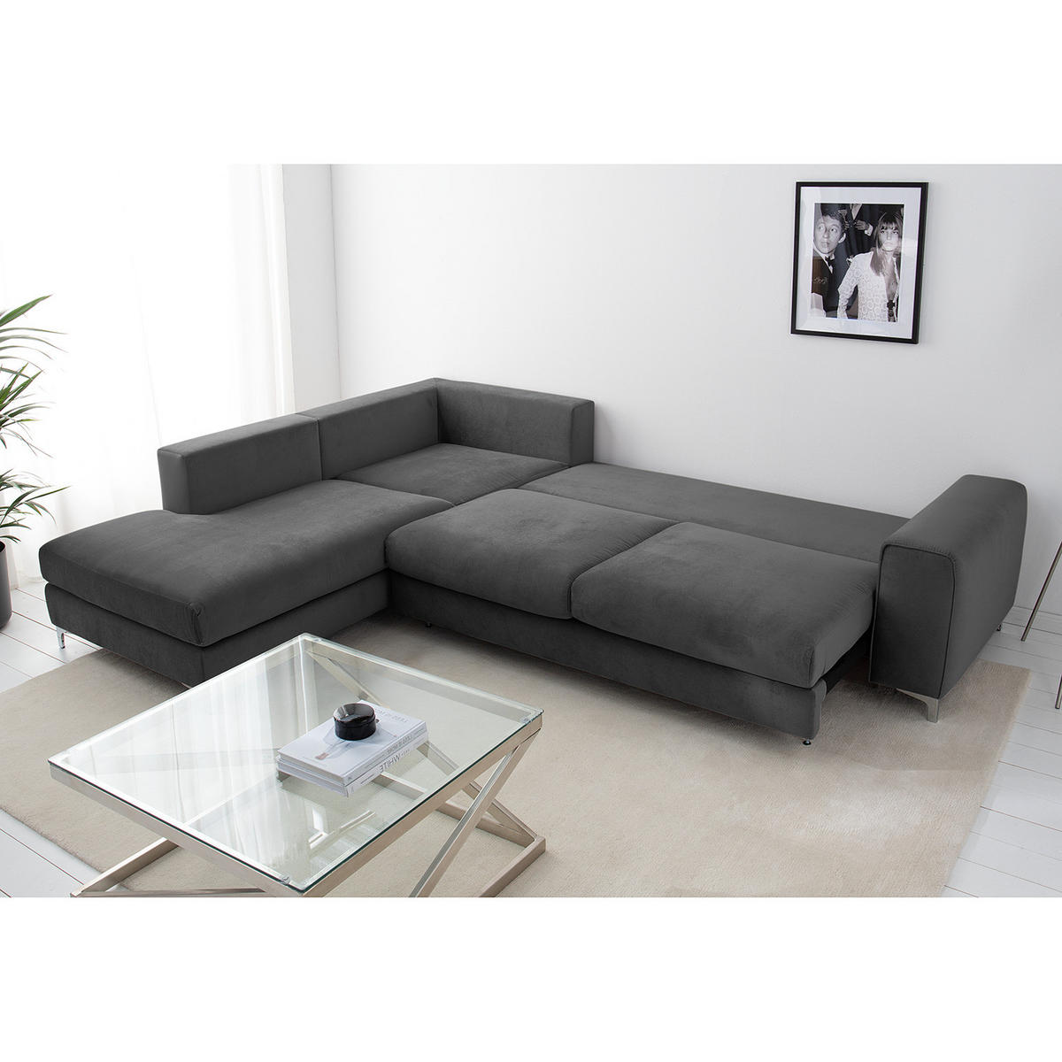 ECKSOFA mit Ottomane - Chromfarben/Anthrazit, Textil/Metall (302/1cm) - home24