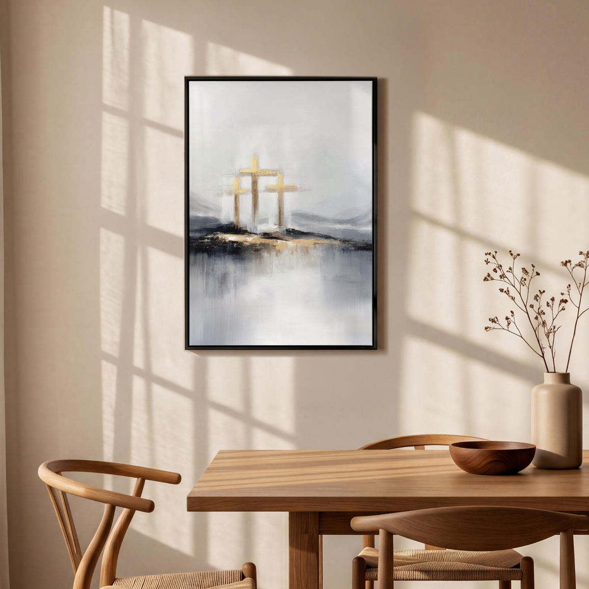 LEINWAND Bilder mit Rahmen - Abstrakt - Malerei - Christentum - Kreuz - 60x90 - Weiß, Textil (60/90cm) - MuchoWow