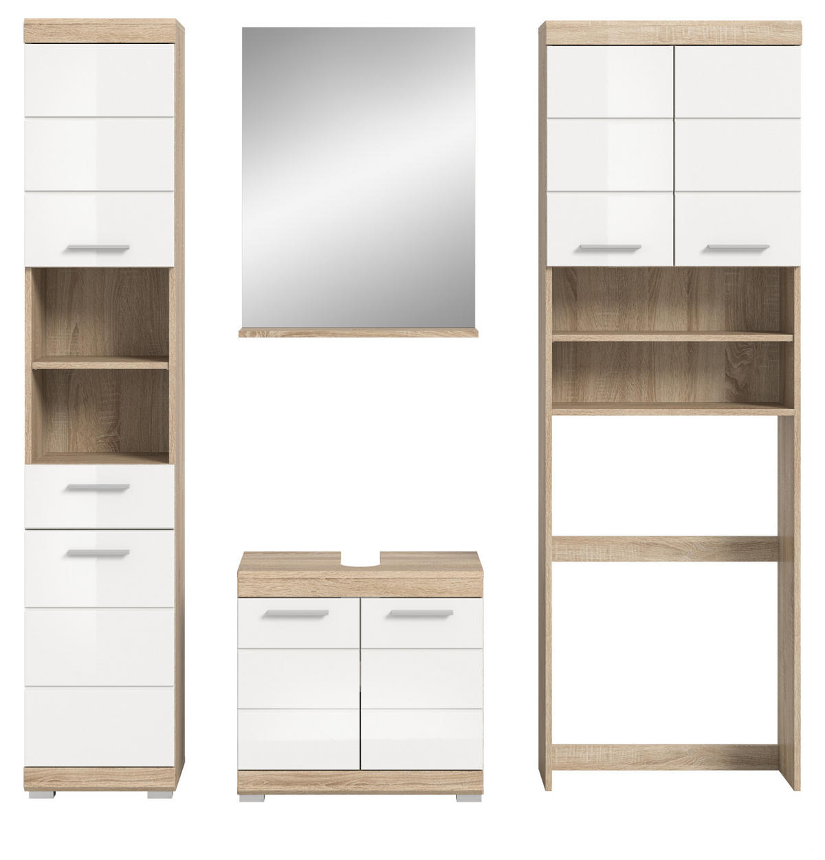 BADMÖBEL-SET weiß Hochglanz, Eiche 4-teilig 190 cm, Komplettset mit viel Stauraum - Weiß Hochglanz/Eichefarben, Glas/Holzwerkstoff (190/191/34cm) - Inn.Furn