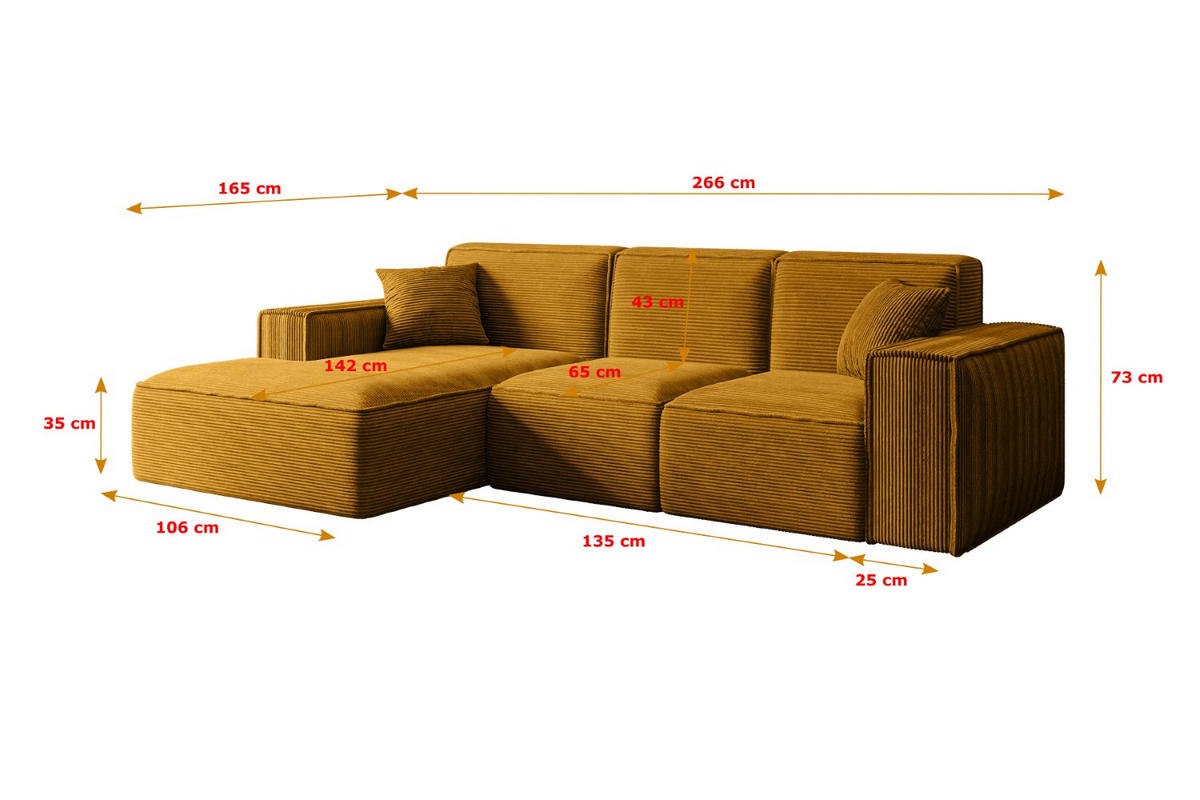 ECKSOFA Ottomane Rechts SERRA-L - 266x165x73 cm Senfgelb Cord - Gelb/Schwarz, Holzwerkstoff/Kunststoff (266/165cm) - ALTDECOR