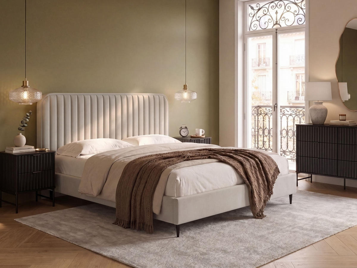 ÁGY ágyráccsal 160/200 cm Bézs Brin - bézs/fekete, textil (160/200cm) - Beliani