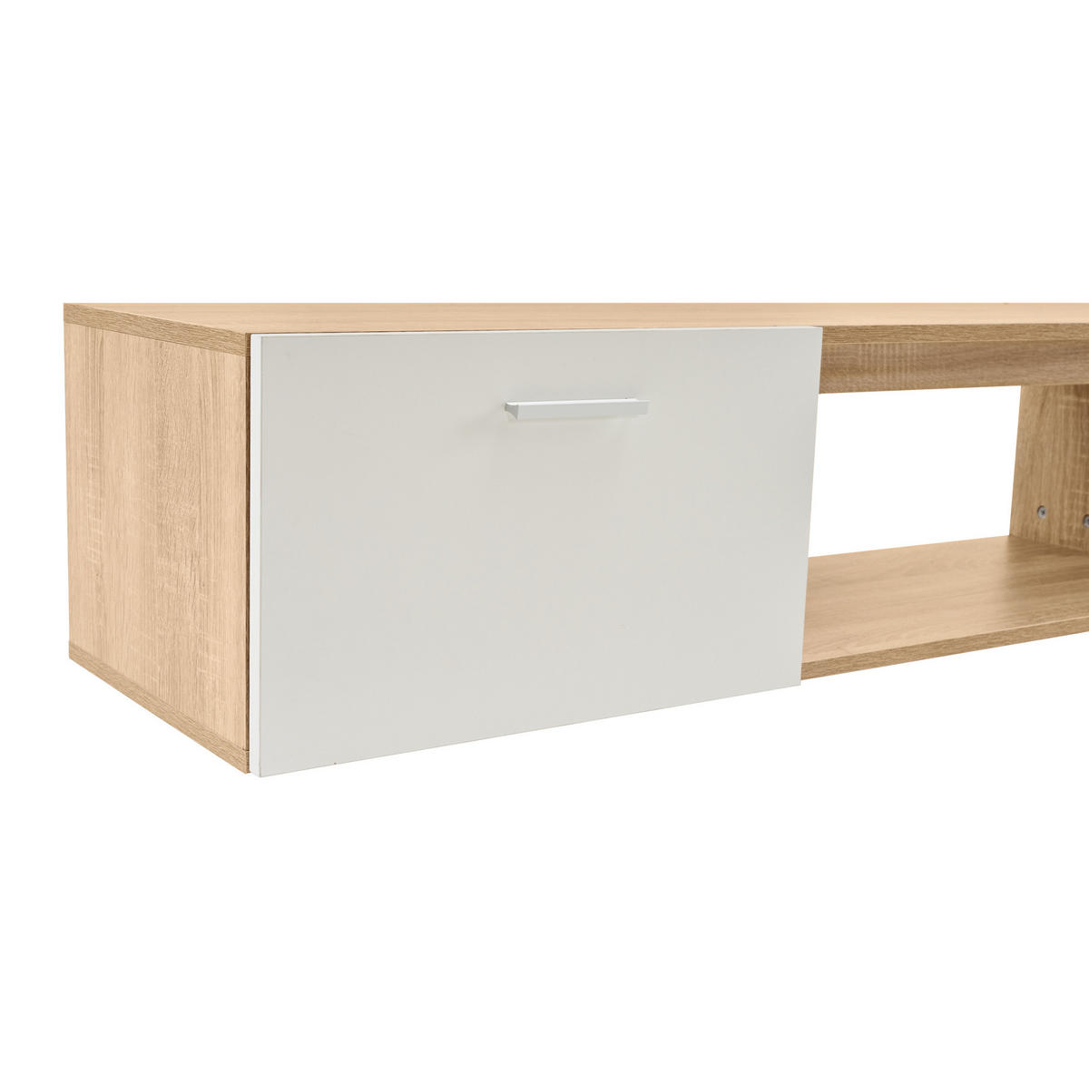 TV-WANDSCHRANK aus Spanplatte 180x33,5x151,5 cm Weiß/Holzfarben mit Stauraum, Tür und Regalen für TV bis 60 Zoll - Weiß, Holzwerkstoff (180/151.5/33.5cm) - Modfu