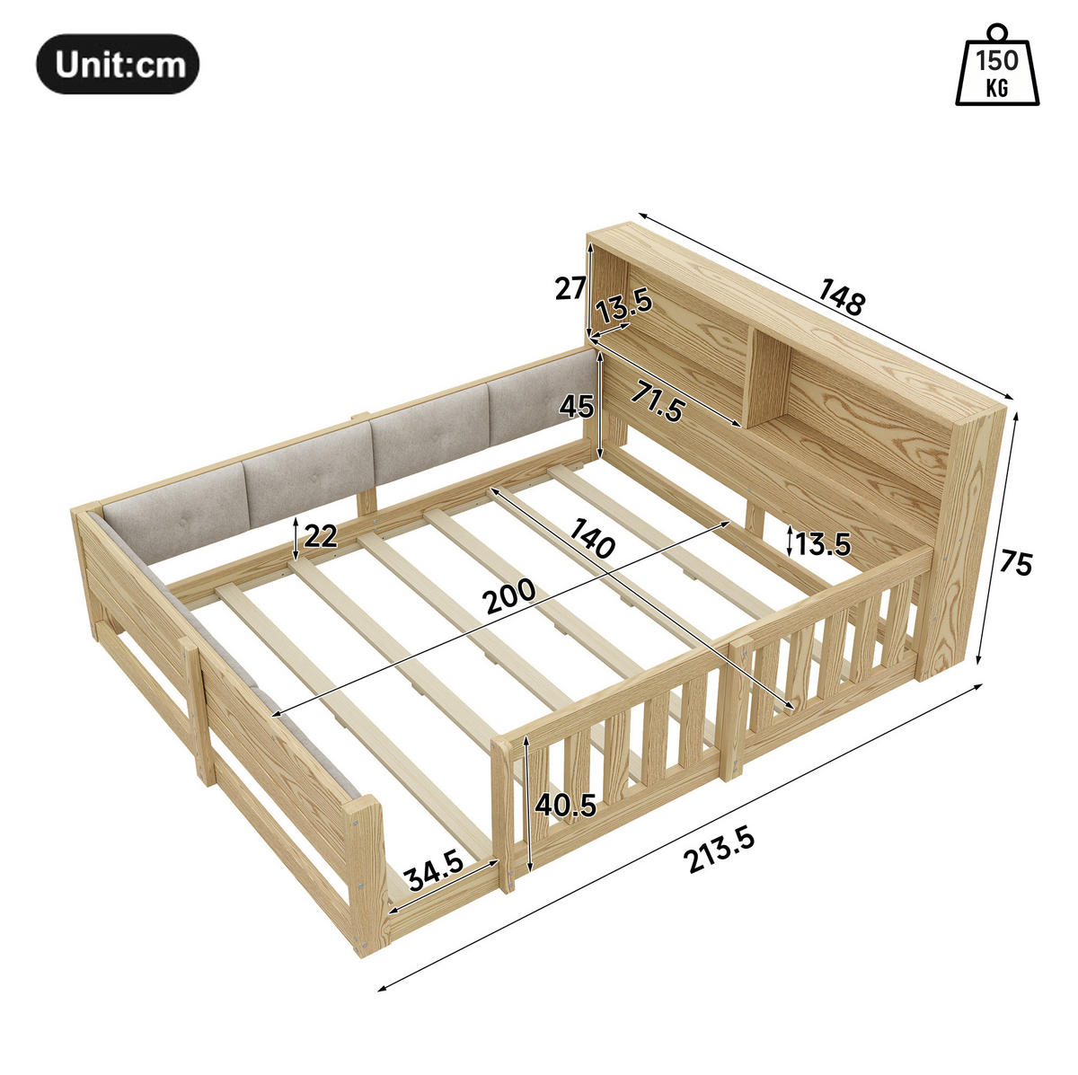 KINDERBETT aus Spanplatte & Plüsch 140x200 cm Natur mit Gitter, LED und Stauraum - Naturfarben, Holzwerkstoff (140/200cm) - Modfu
