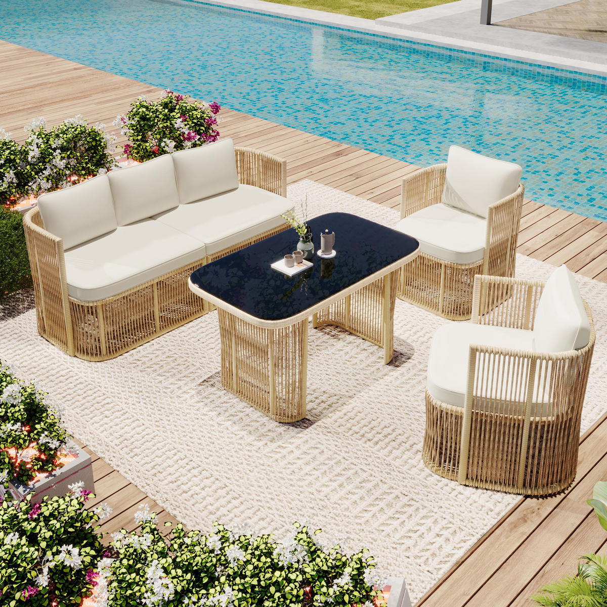 GARTENMÖBELSET Rattan Beige Schwarz 5-tlg. - Beige, Metall - ComfortXL