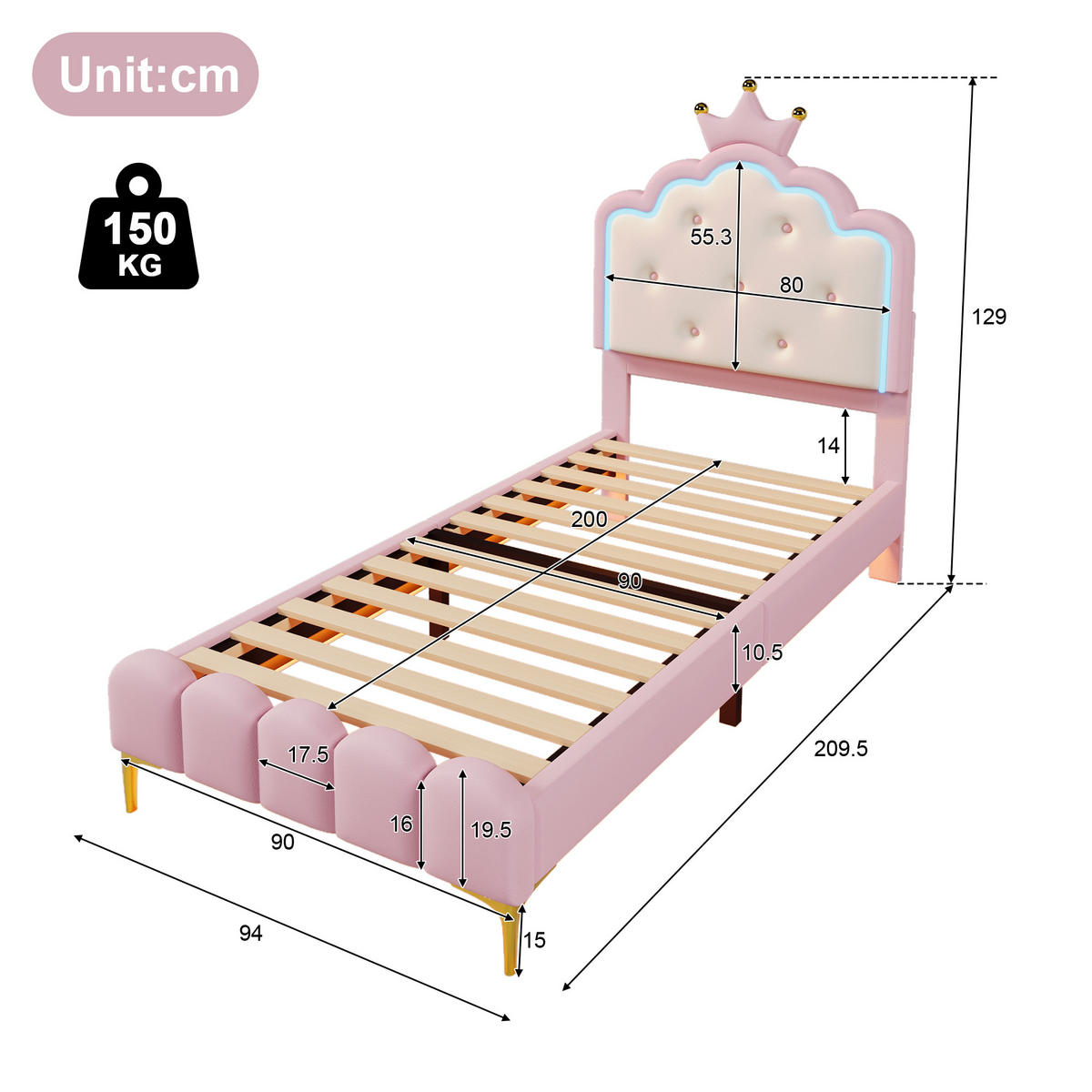 DJEČJI KREVET 90 x 200 cm s letvicama (bez madraca), materijal PU, roza - pink, koža (90/200cm) - KOMHTOM