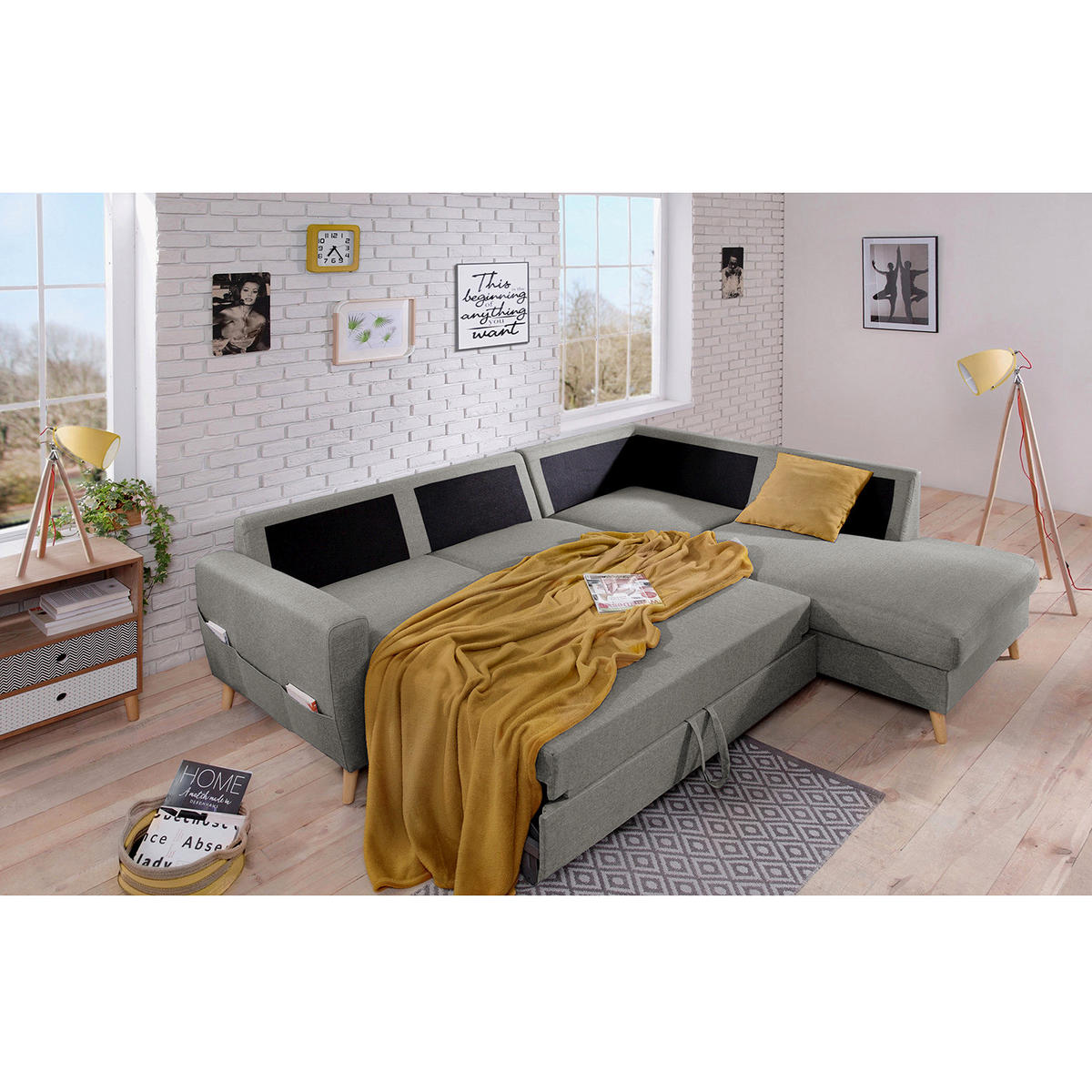 ECKSOFA mit Ottomane - Webstoff - Hellbraun/Grau, Holz/Textil (230/200cm) - home24