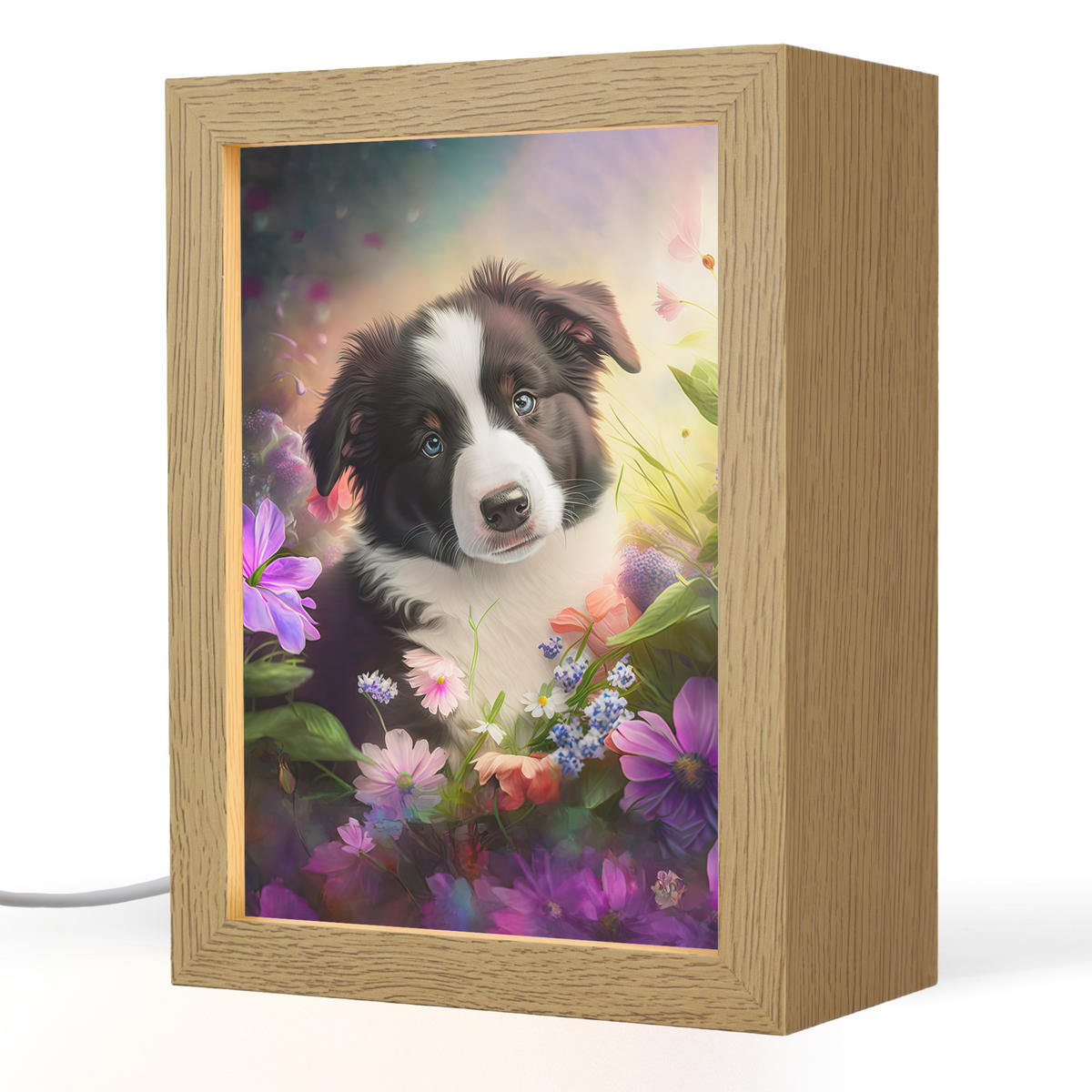 NACHTTISCHLAMPE Welpe - Sonne - Blumen - Natur - Border Collie - Hund 15x20 cm - Violett, Holzwerkstoff (8/15/20cm)