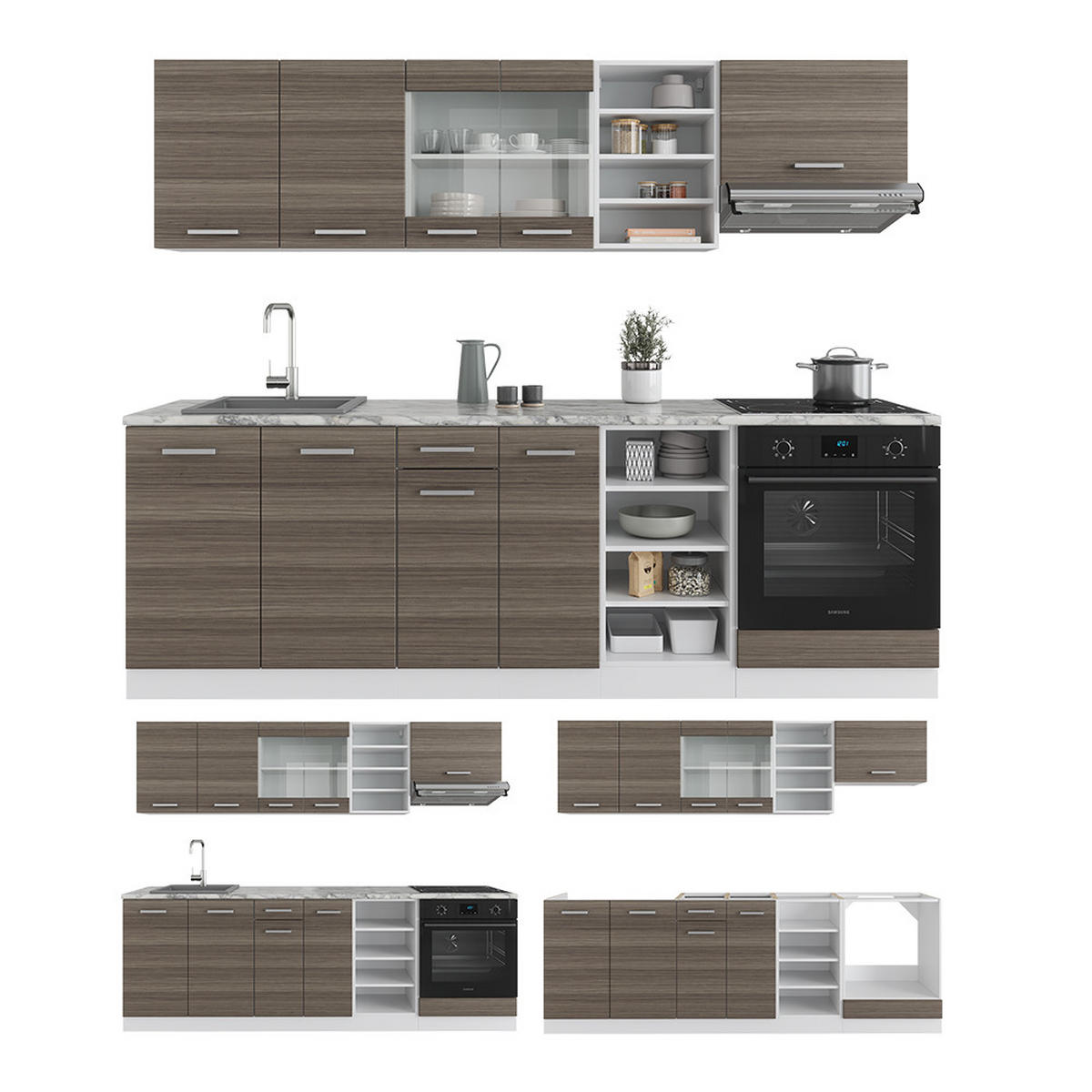 KÜCHENZEILE R-Line Edelgrau/Weiß 240 cm ohne AP - Braun/Weiß, Holzwerkstoff (240/81.6/46cm) - Vicco