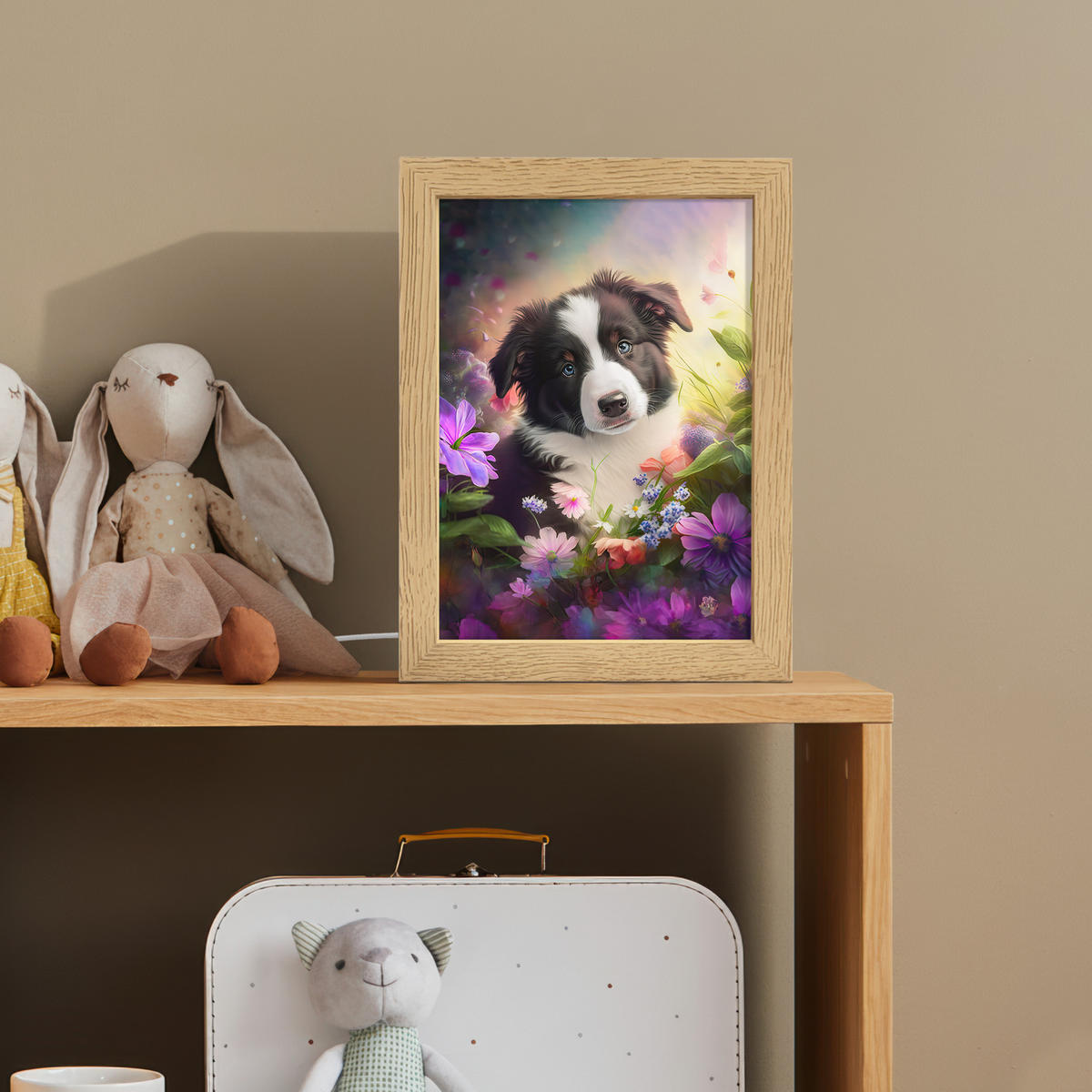 NACHTTISCHLAMPE Welpe - Sonne - Blumen - Natur - Border Collie - Hund 15x20 cm - Violett, Holzwerkstoff (8/15/20cm)