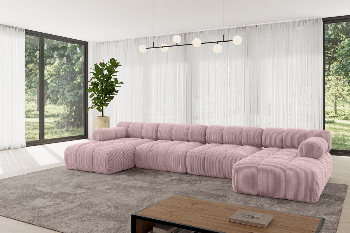 WOHNLANDSCHAFT modulares Sofa Tesso-U2 - 380x160x70 cm Rosa Cord - Rosa, Holzwerkstoff/Textil (380/70/160cm) - ALTDECOR