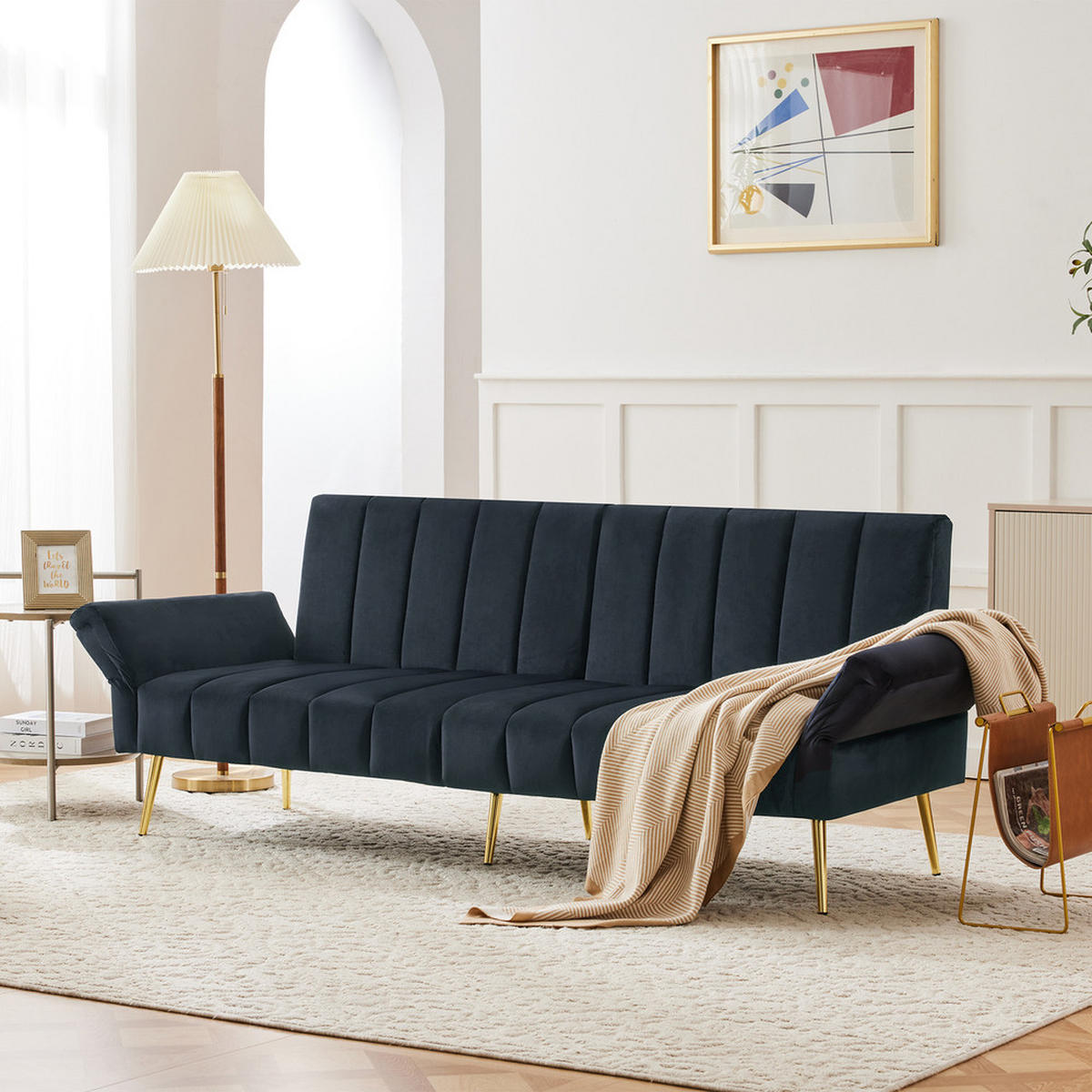 KLAPPBARES Schlafsofa mit Zusatzbeinen und Schlaffunktion in Samt Schwarz - Schwarz, Holz (76/75/183cm) - FLIEKS