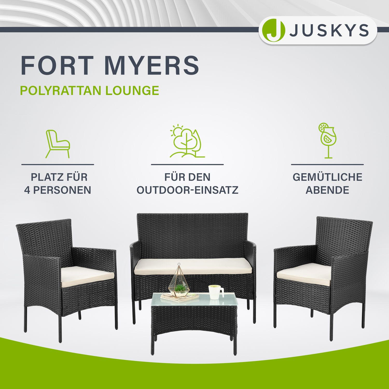 GARTENSET Fort Myers schwarz / cremeweiß - Creme/Schwarz, Kunststoff/Metall - Juskys