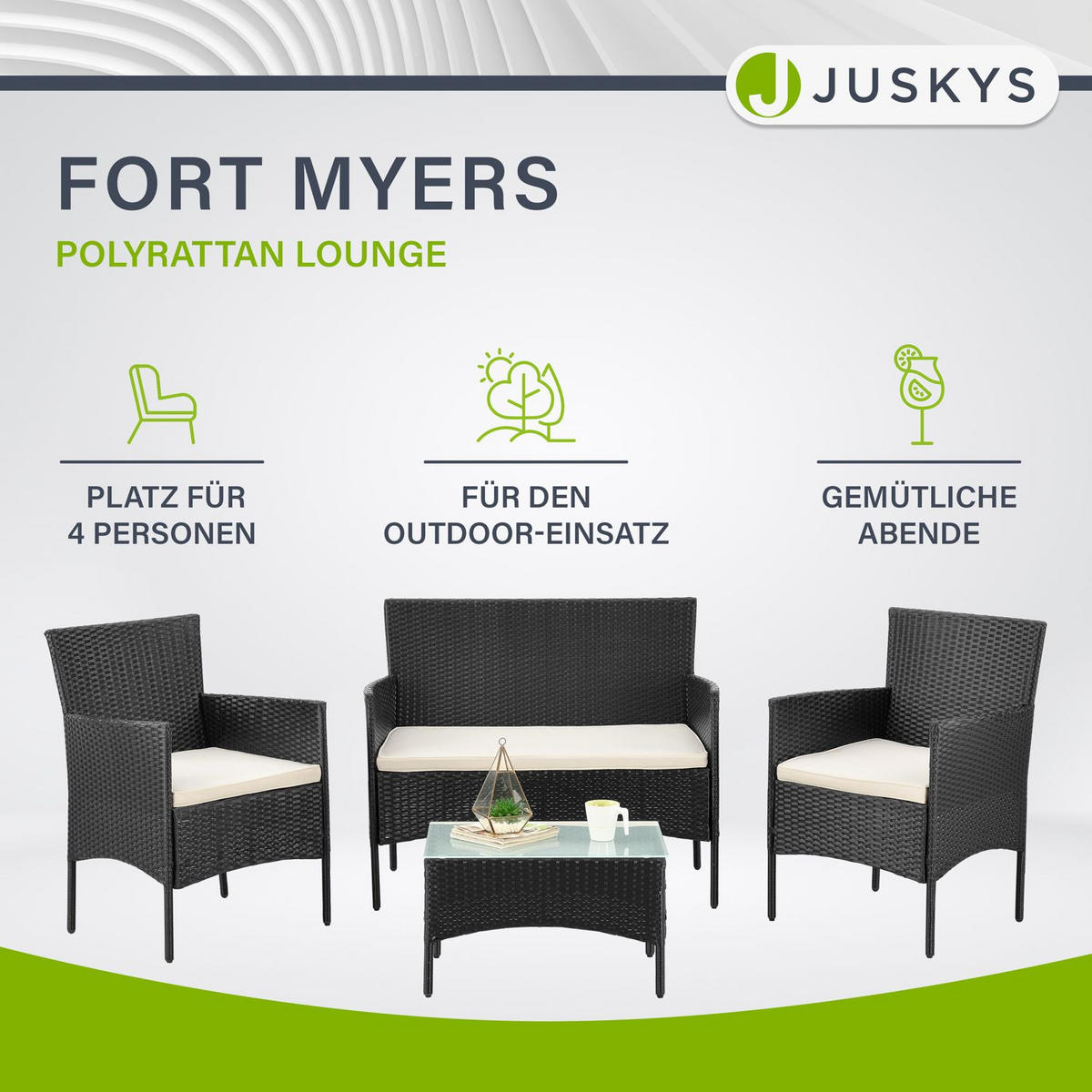 GARTENSET Fort Myers schwarz / cremeweiß - Creme/Schwarz, Kunststoff/Metall - Juskys