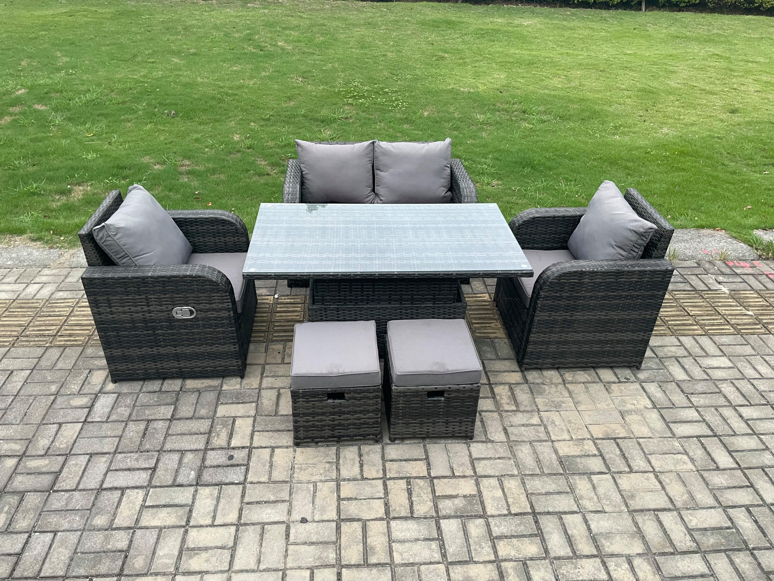 GARTENMÖBELSET mit Höhenverstellbarer Esstisch 6-Sitzer Grau - Dunkelgrau/Grau, Glas/Kunststoff - Fimous