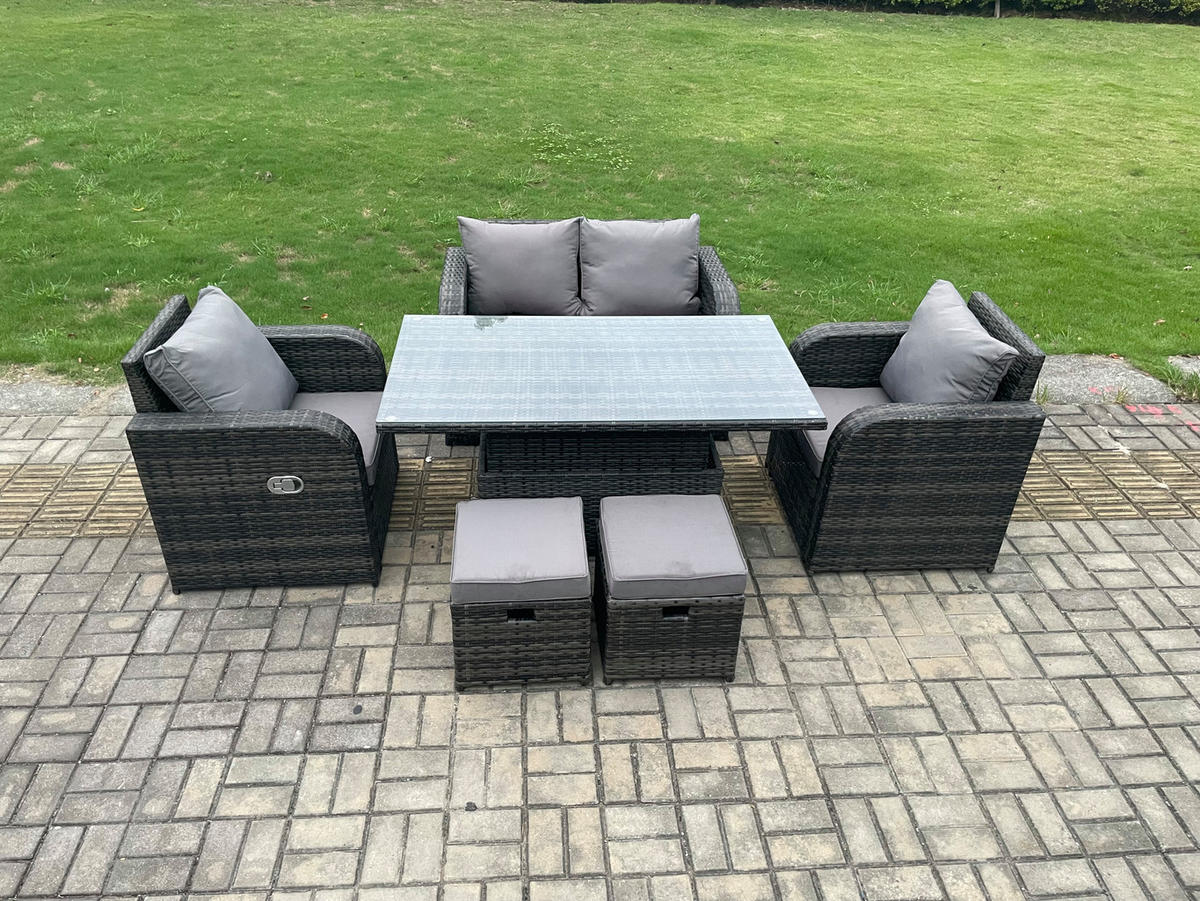 GARTENMÖBELSET mit Höhenverstellbarer Esstisch 6-Sitzer Grau - Dunkelgrau/Grau, Glas/Kunststoff - Fimous