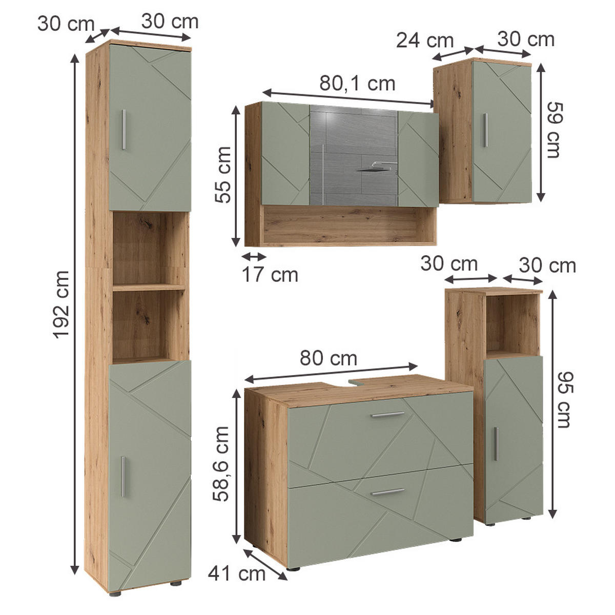 BADMÖBEL-SET Irma Salbeigrün 5 Teile - Salbeigrün, Holzwerkstoff (80/58.6/41cm) - Vicco