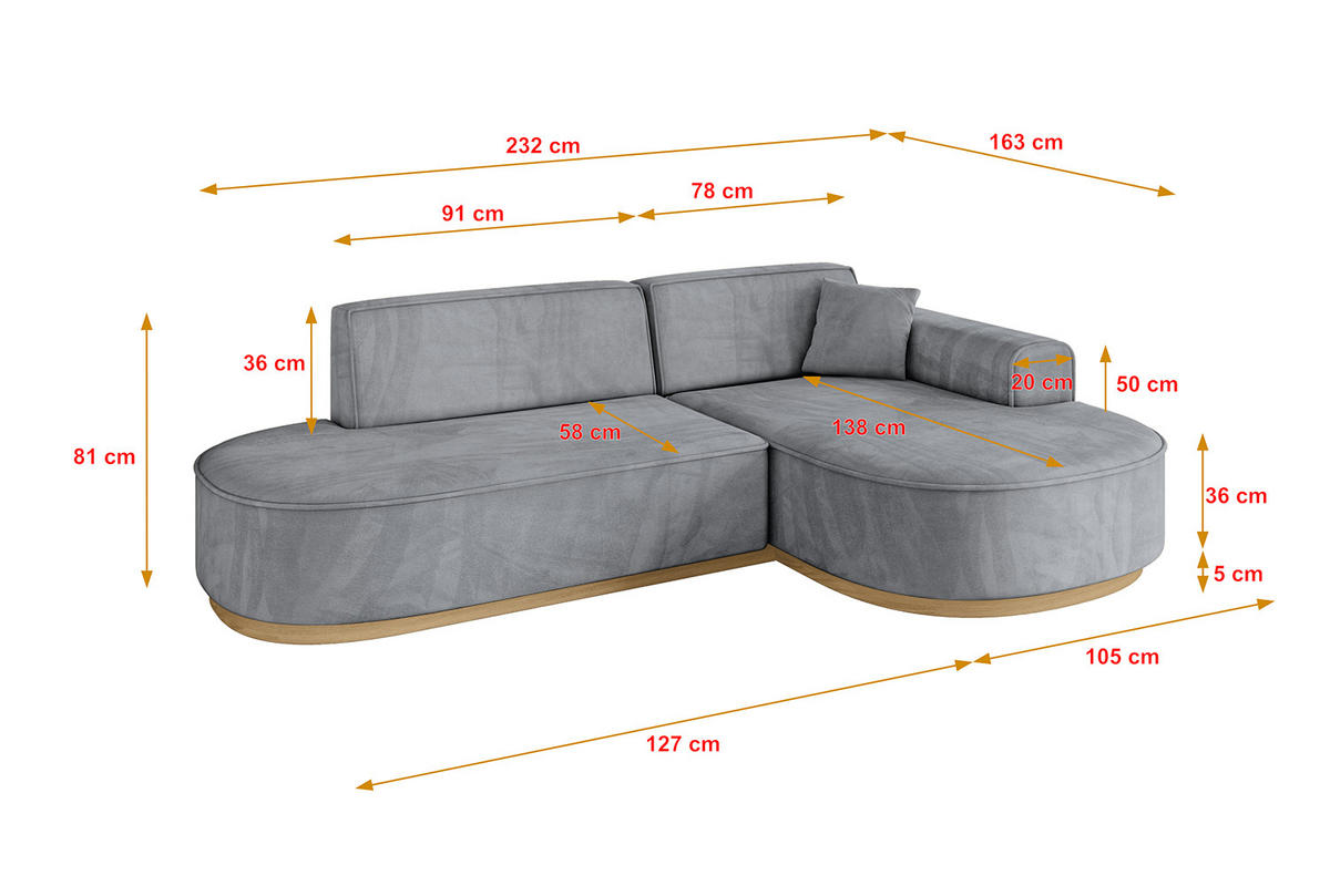 ECKSOFA Ottomane Rechts MARI-L1-v2 - 243x171x83 cm Grau Velours - Grau, Holzwerkstoff/Textil (171/243cm) - ALTDECOR