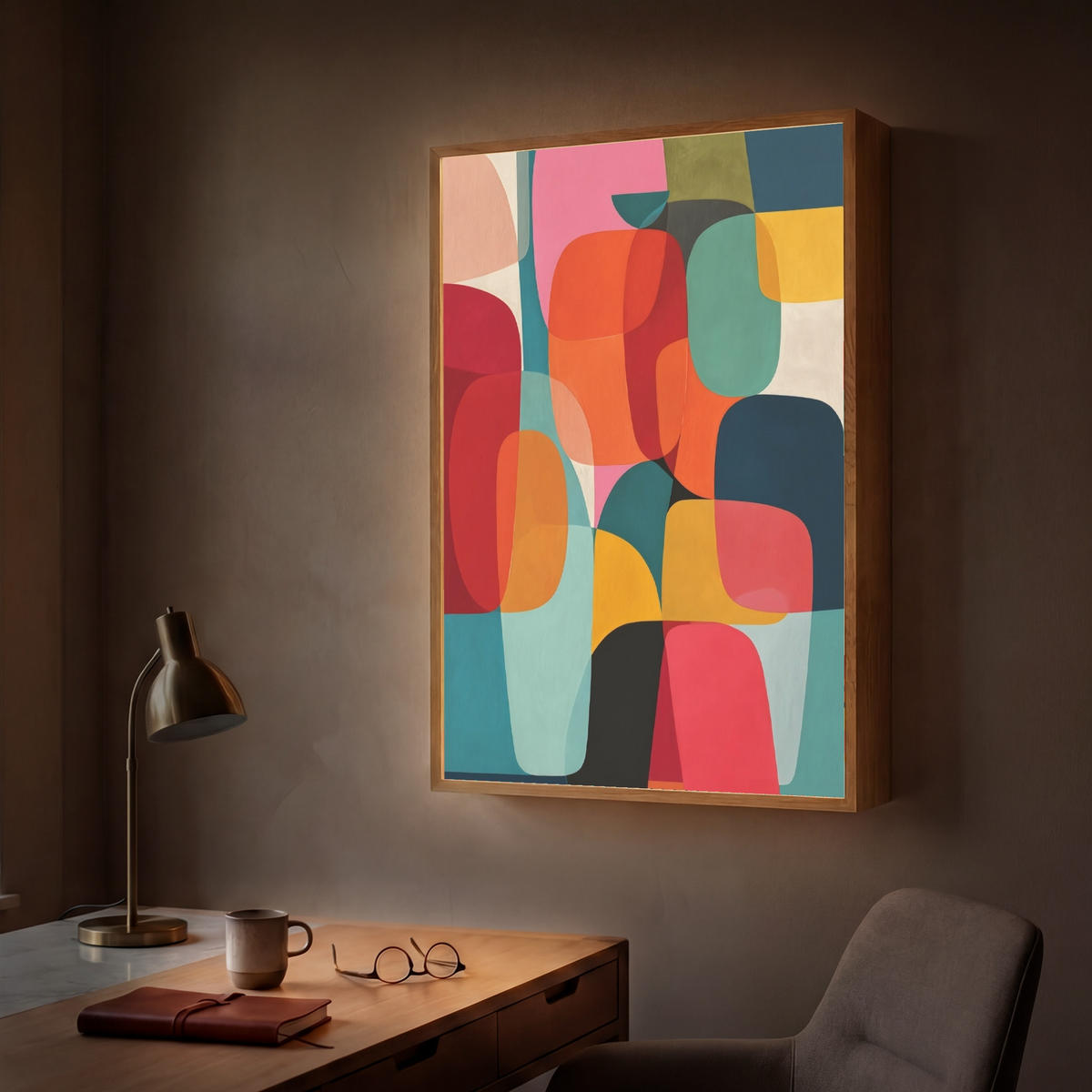 NÁSTĚNNÁ LAMPA S AKUMULÁTOREM Tvary - barevné - abstraktní - letadla 60x90 cm - různobarevná, kompozitní dřevo (60/90/8cm) - OnlyWow