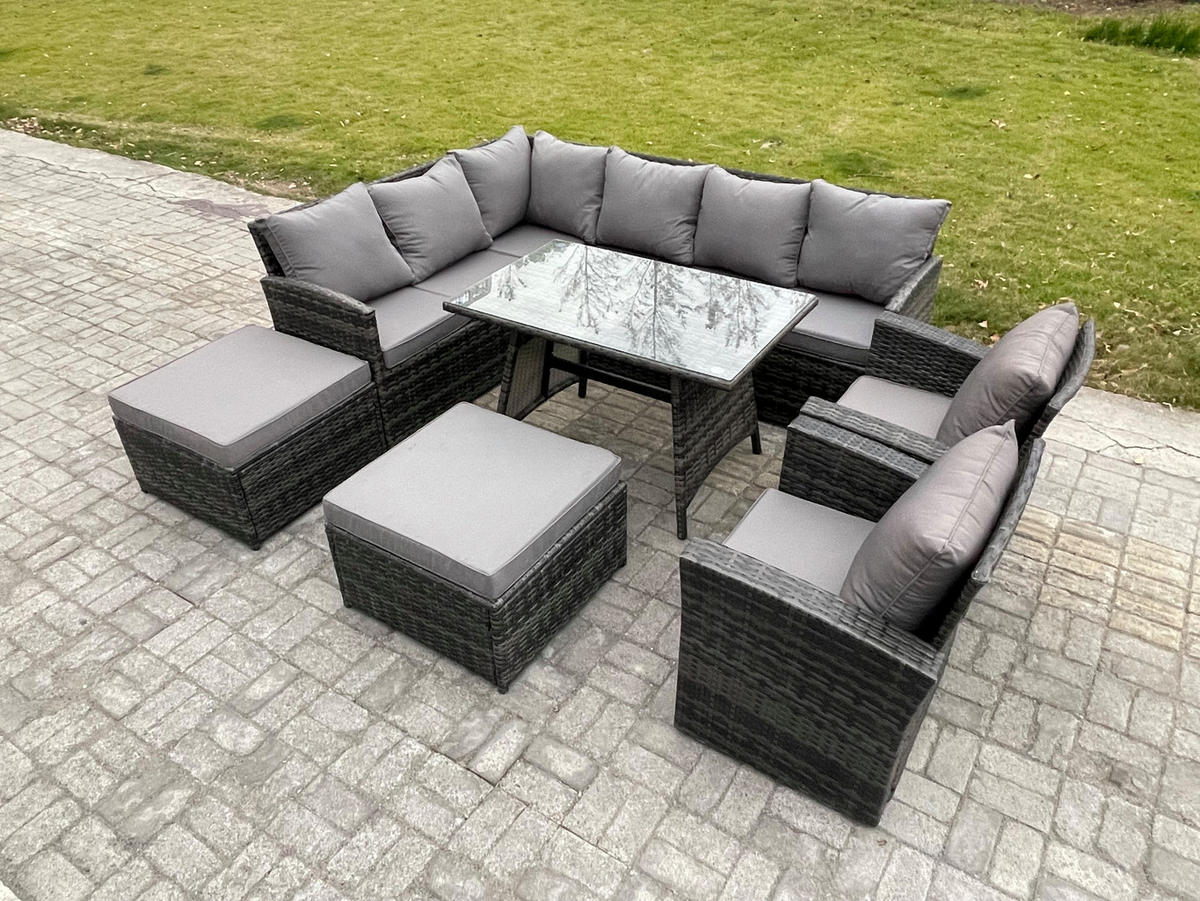 SITZGRUPPE mit Ecksofa,große Fußhocker,Stuhl Polyrattan Dunkelgrau 11-Sitzer - Dunkelgrau/Grau, Glas/Kunststoff - Fimous