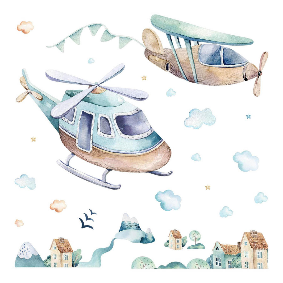 WANDAUFKLEBER 130x188cm - Hubschrauber und Flugzeug - Multicolor, Kunststoff (130/188/0.1cm) - Wallfluent