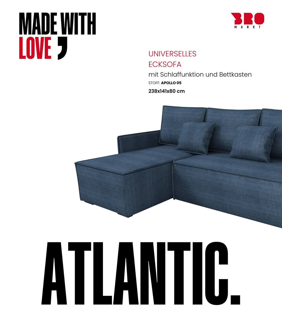 ECKSOFA Atlantic mit Schlaffunktion Blau Cord - Blau, Textil (238/141cm) - Bromarkt