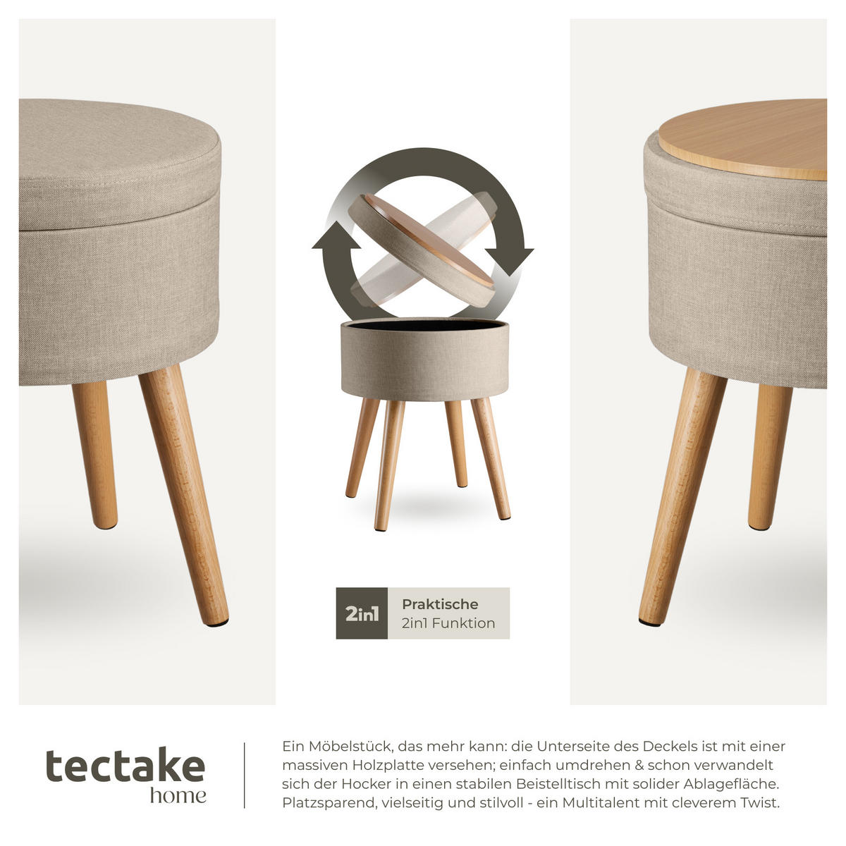 SITZHOCKER mit Stauraum Yara,42,5 x 42,5 x 45,5 cm,Sand - Sandfarben, Holz (42.5/45.5/42.5cm) - tectake