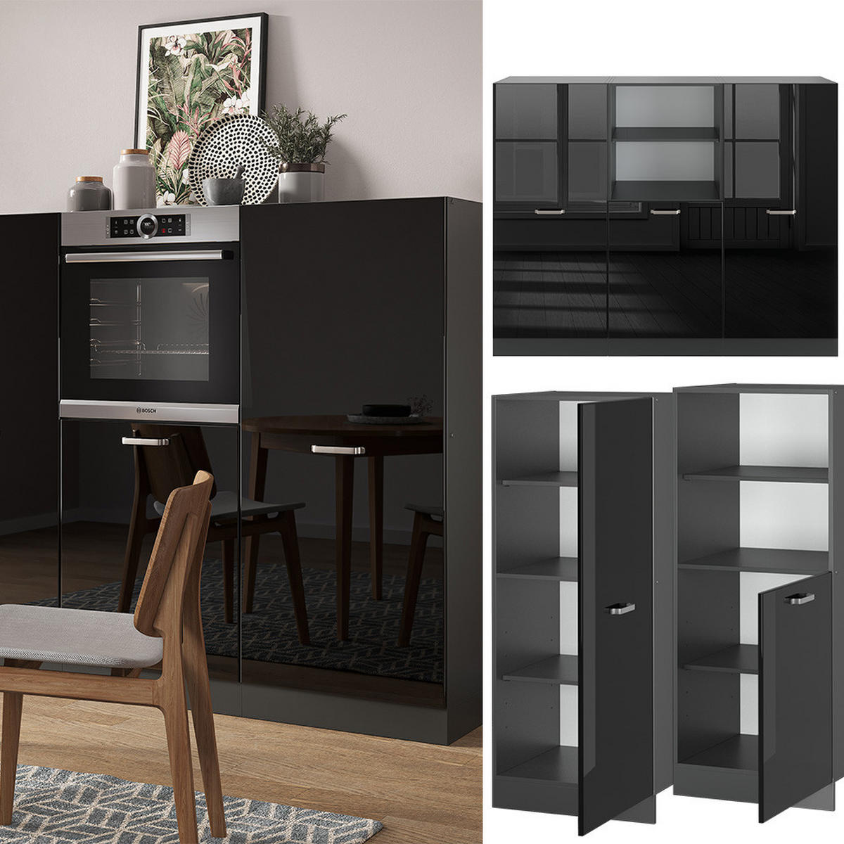 EINBAUKÜCHE R-Line Schwarz Hochglanz/Anthrazit 180 cm ohne AP - Schwarz Hochglanz/Anthrazit, Holzwerkstoff (180/81.6/46cm) - Vicco