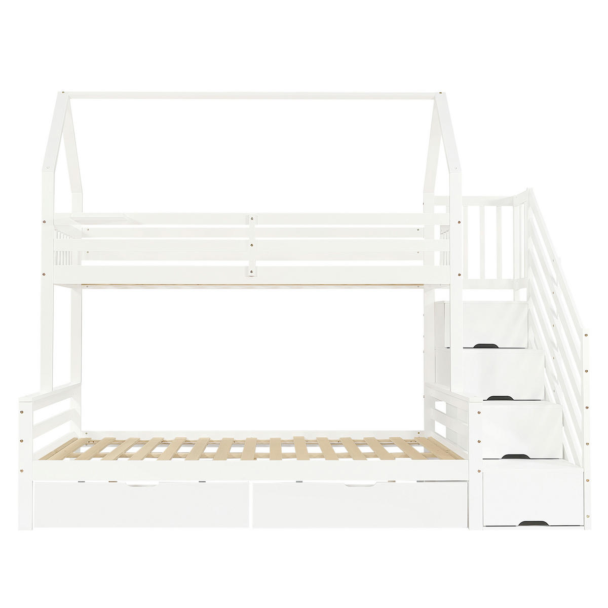ETAGENBETT 90/140/200 cm DE-02269, in Weiß, mit Dach, Treppenschrank und 2 Schubladen - Weiß, Holz/Holzwerkstoff (140/200cm) - ComfortXL