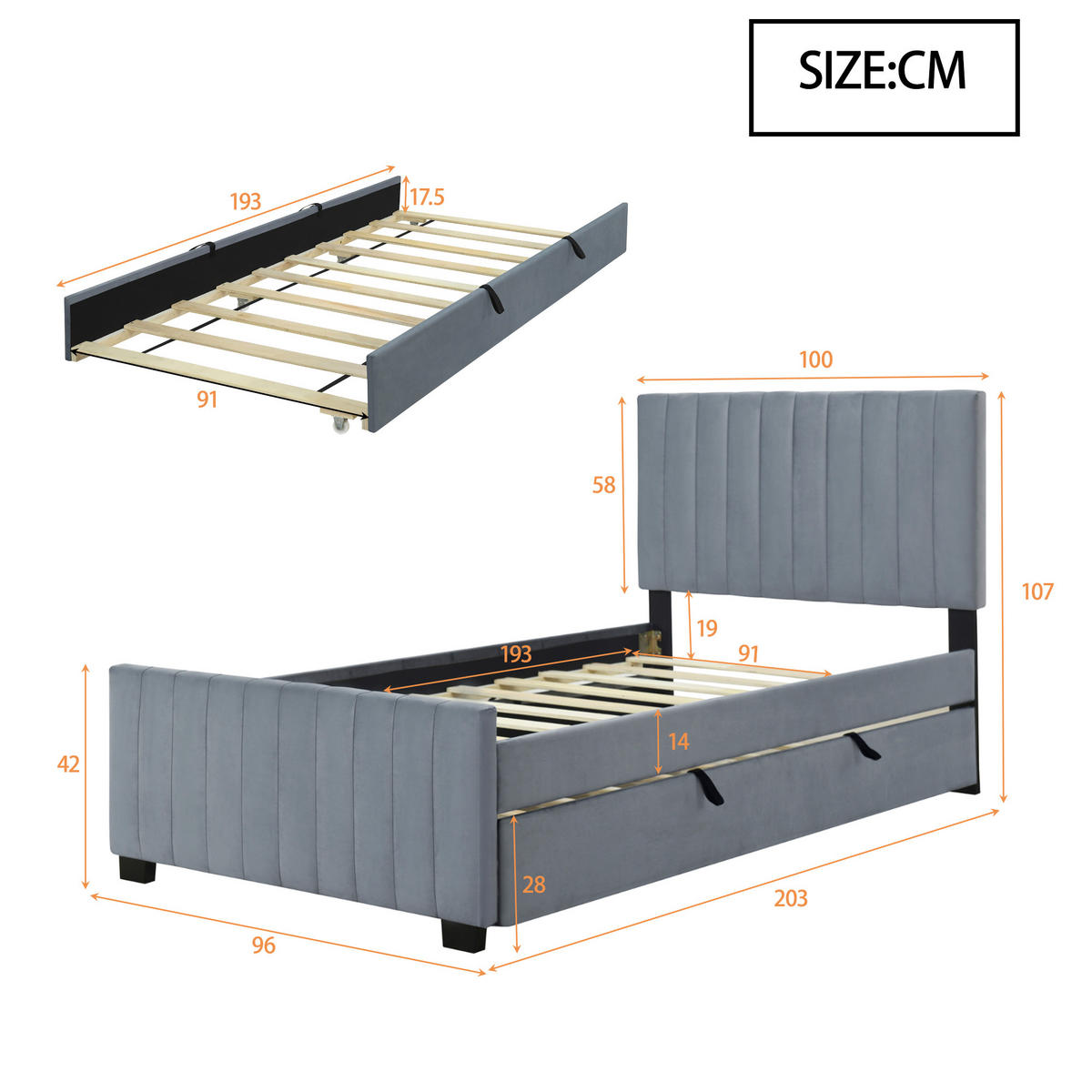 POLSTERBETT aus Samtstoff 90 x 190 cm in Grau mit Ausziehbett - Grau, Textil (90/190cm) - Modfu