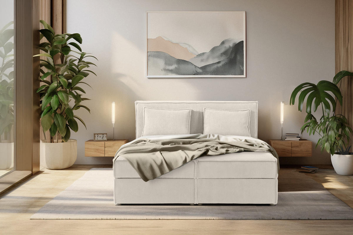 BOXSPRINGBETT ROTI mit Stauraum, ecrufarben - Ecru/Schwarz, Holz/Holzwerkstoff (140/200cm) - KONSIMO®