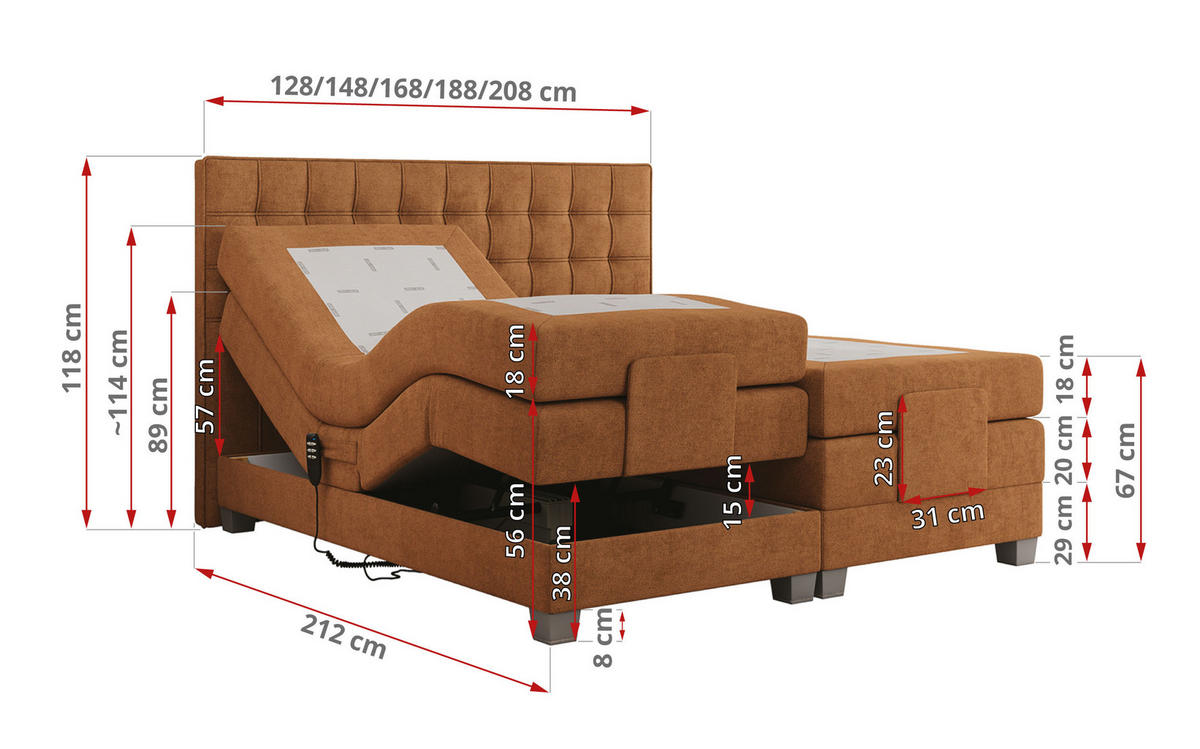 BOXBETT ELEKTRO 180/200 Orange Struktur - H3 - Orange, Holz/Textil (180/200cm) - MKS