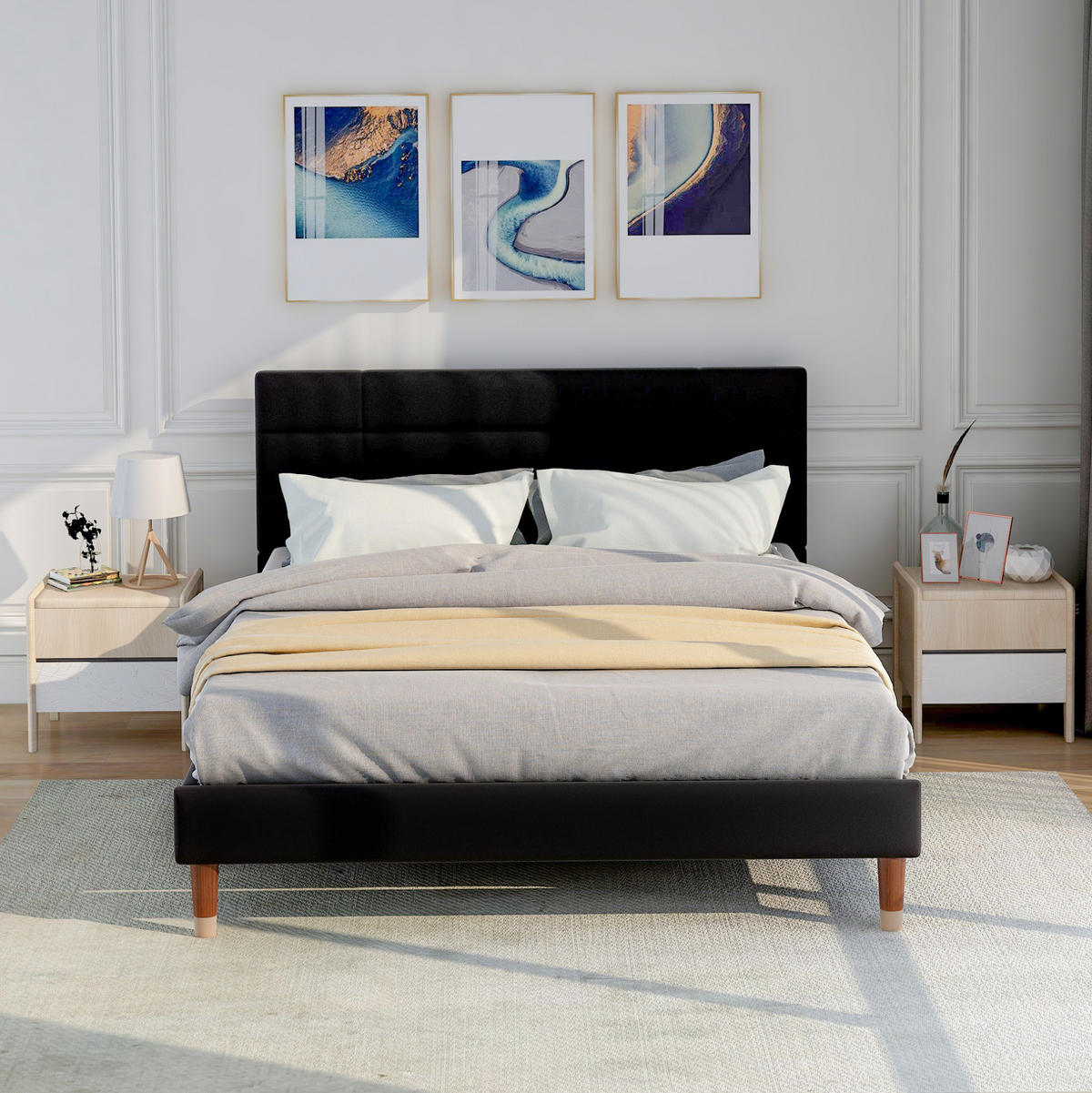 BETT mit Lattenrost 140x200 cm Leinen Schwarz - Schwarz, Holz (140/200cm) - Meubliv