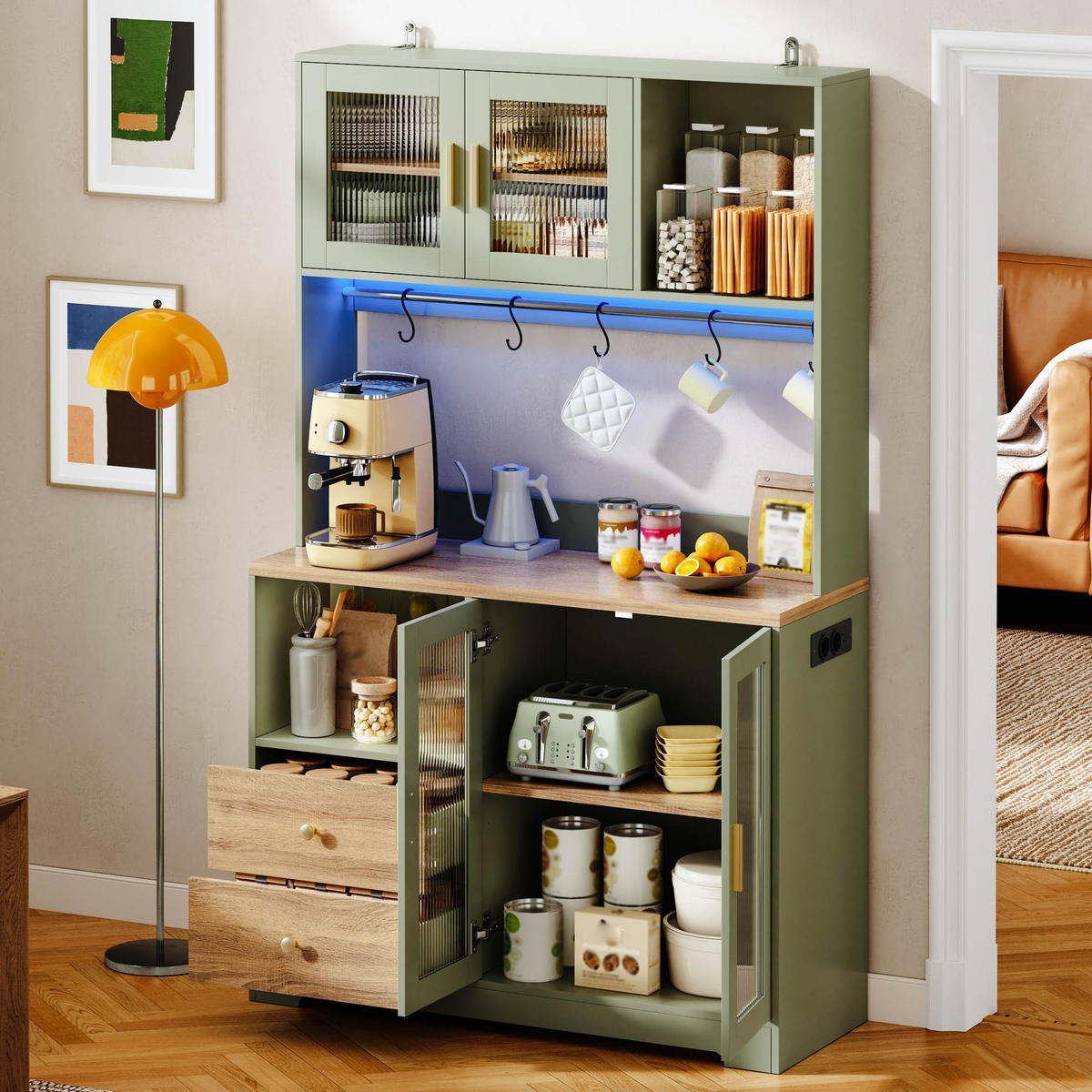 BUFFET 178 cm MDF Antikgrün Holzoptik mit RGB-LED und Glasfront - Hellgrün, Holzwerkstoff (40/178/110cm) - Korfee