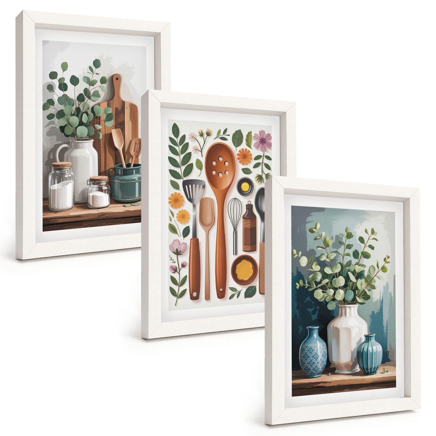 BILDER SET 3er Set - 20x30 cm Weißer Rahmen - Küchenaccessoires auf pflanzlicher Basis - Weiß, Kunststoff (20/30cm) - TULUP