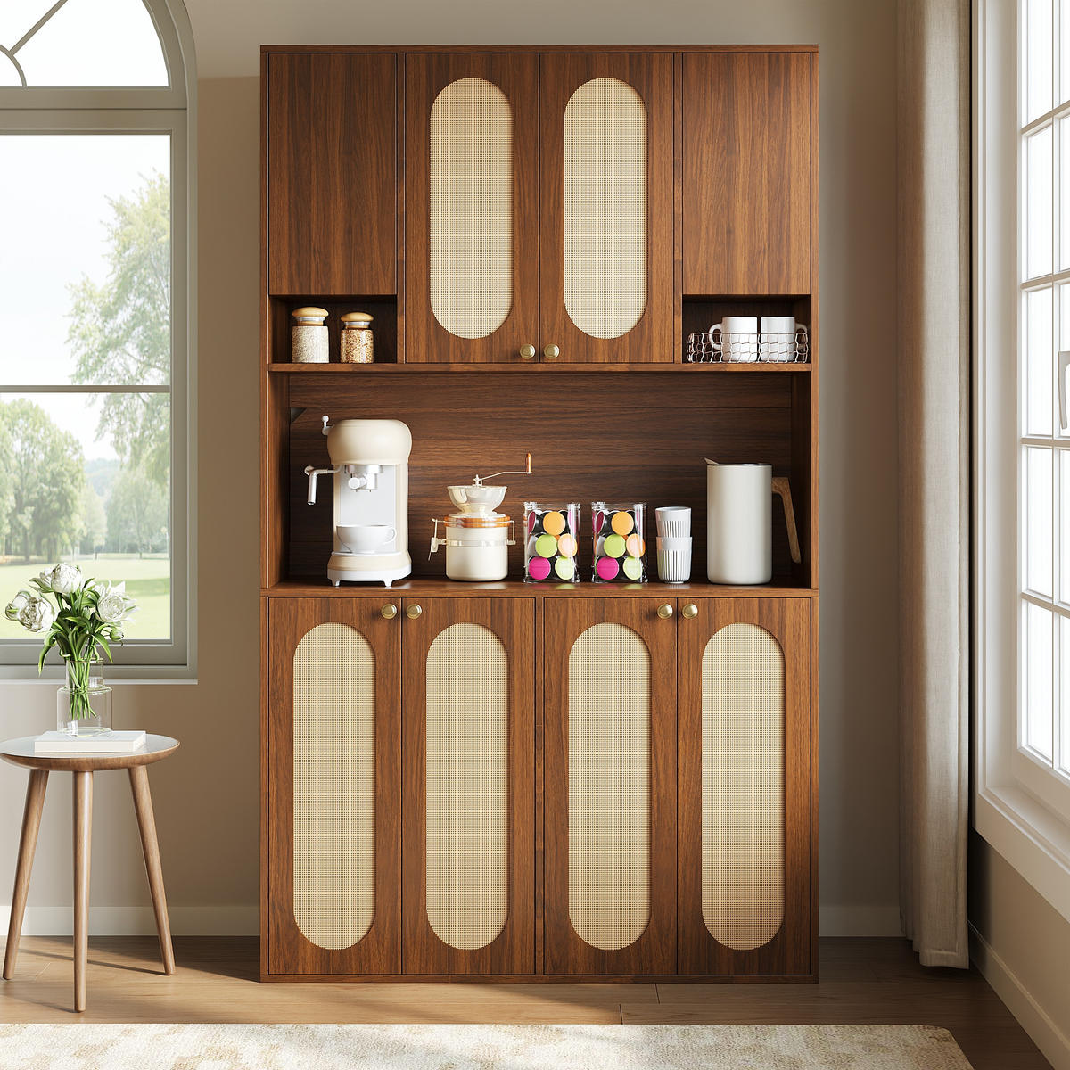 BUFFET Hoch mit PE-Rattan, LED-Beleuchtung und großem Stauraum - Nussbaumfarben, Holzwerkstoff (40/178/106cm) - Korfee