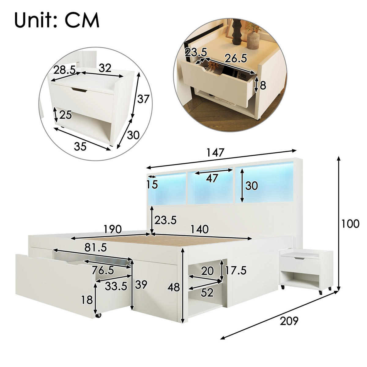 POLSTERBETT 140x190 cm in Weiß mit LED, USB-C & beweglichem Nachttisch - Weiß, Holzwerkstoff (140/190cm) - Modfu