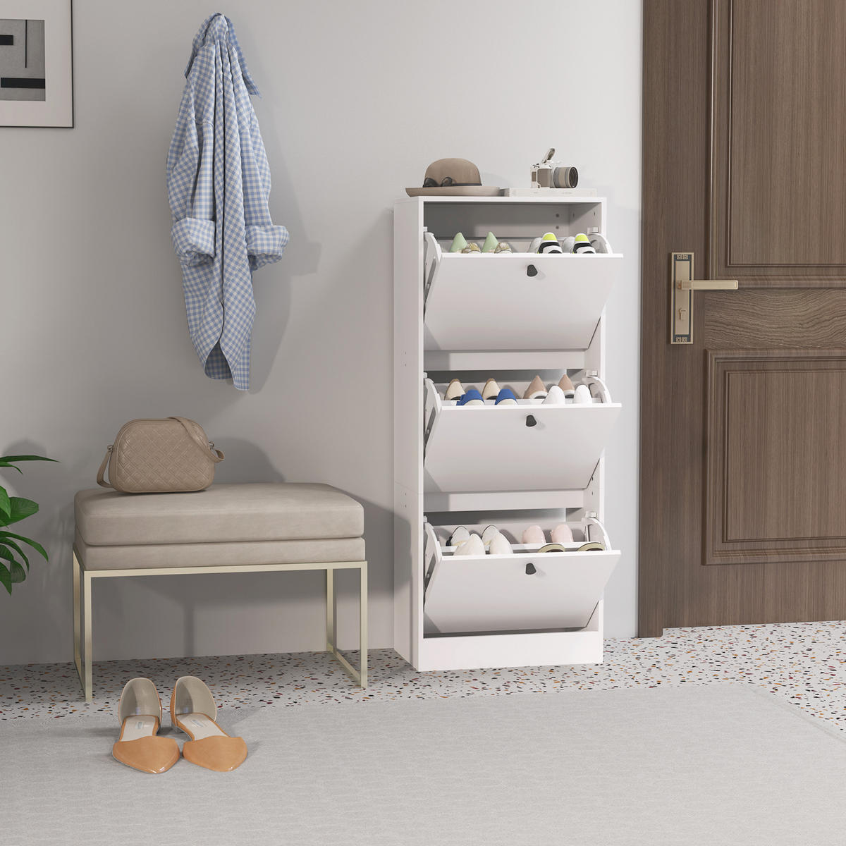 SCHUHSCHRANK mit 3 Klappen, 47 x 28 x 115 cm, Weiß - Weiß, Holzwerkstoff (28/115/47cm) - HOMCOM