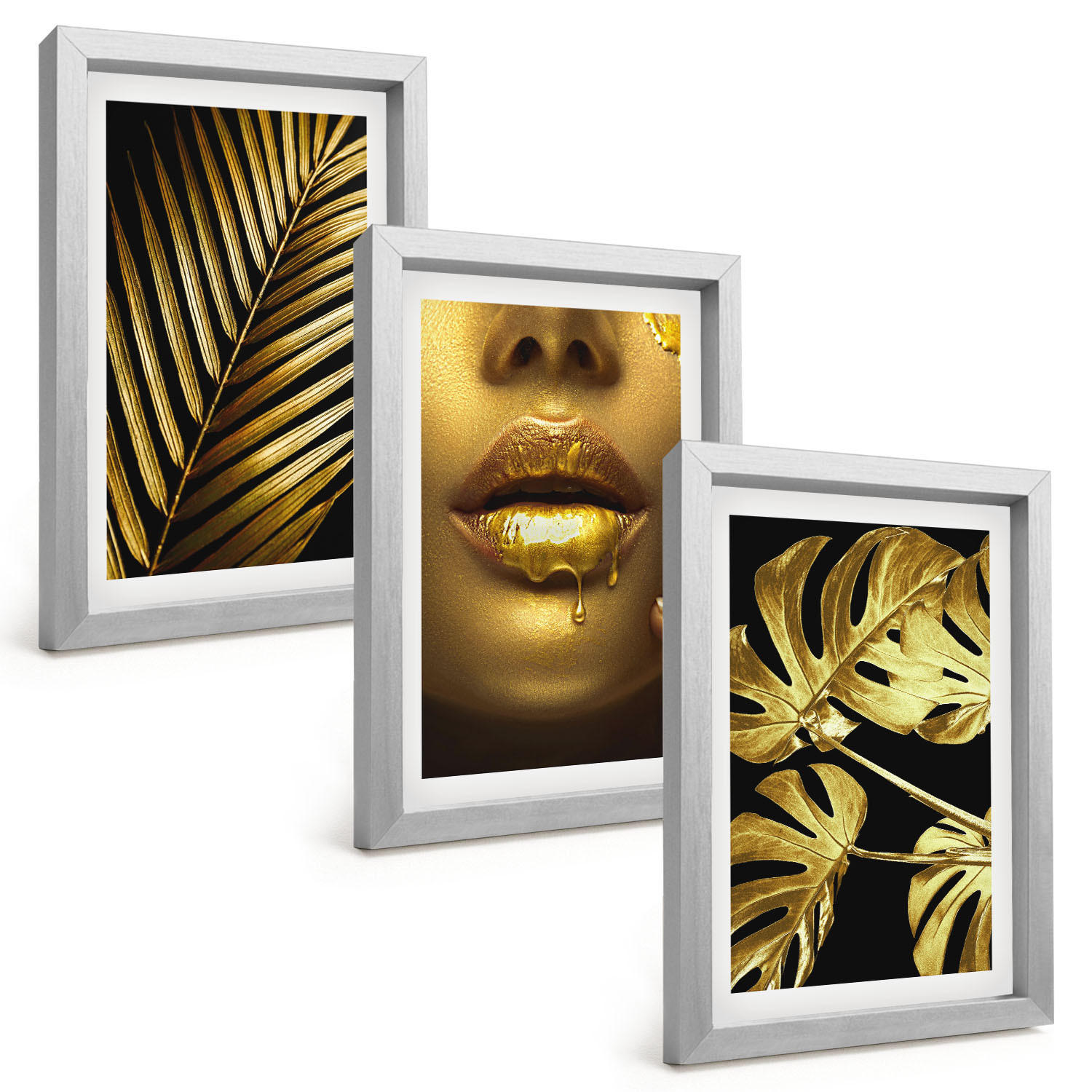 BILDER SET 3er Set - 20x30 cm Silberner Rahmen - Mund einer Frau mit Monstera-Palme - Silberfarben, Kunststoff (20/30cm) - TULUP