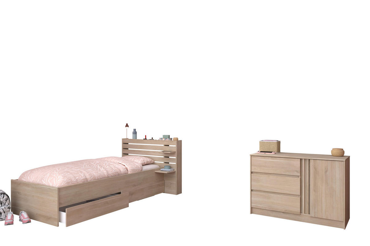 STAURAUMBETT Escale 11 in Japanischer Eiche 90x200cm mit Kommode von Parisot - Braun, Holzwerkstoff (90/200cm)