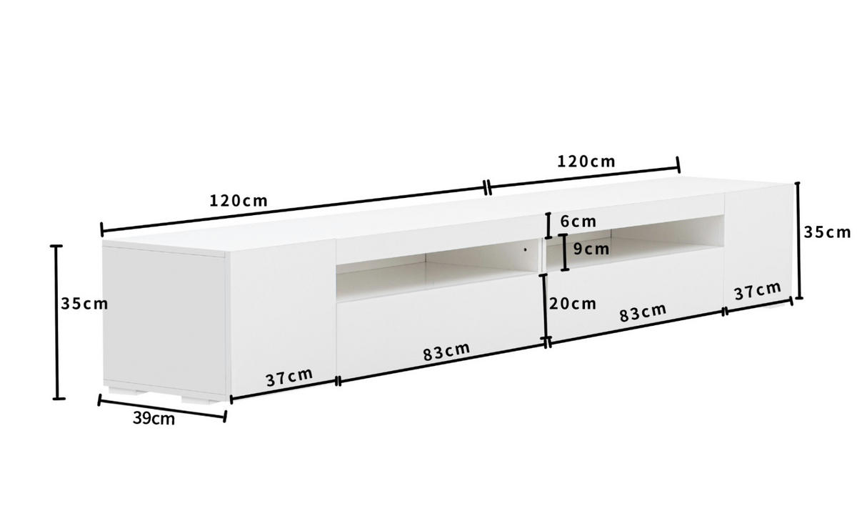 TV Lowboard LED 260x35x40 cm, 3 Ebenen, 2 Türen, Weiß - Weiß, Holz (240/35/39cm)