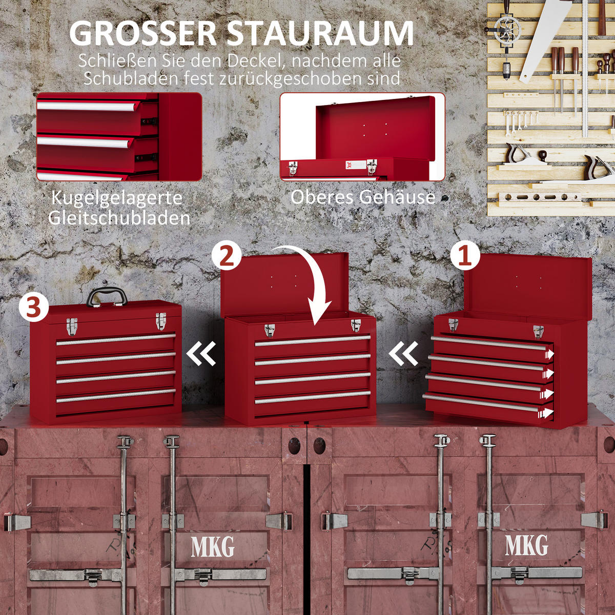 WERKZEUGKOFFER leer, 51 x 22 x 39,5 cm Werkzeugkasten mit 4 Schubladen Rot - Rot, Metall (22/39.5/51cm) - DURHAND