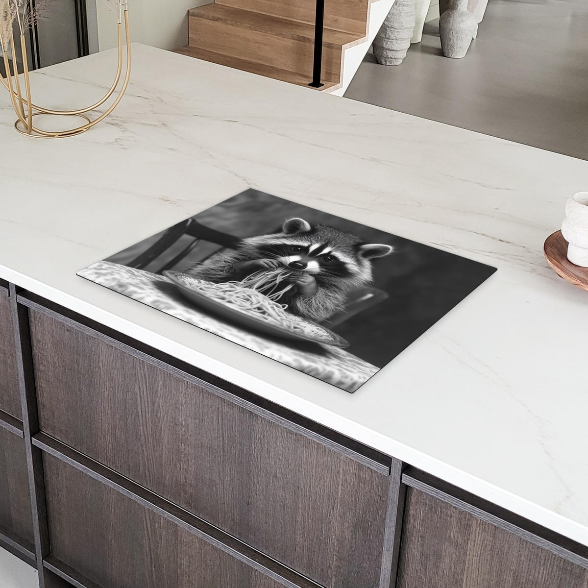 HERDABDECKPLATTE Waschbär - Niedlich - Pasta - Tischtuch - Schwarz - Weiß Herdabdeckung Induktionsfeld 70x52 cm - Grau, Kunststoff (70/52/0.2cm) - MuchoWow